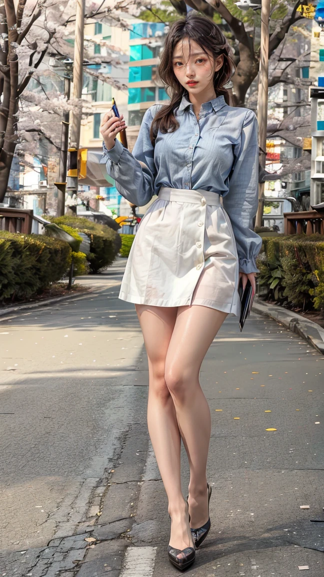 Ultra-clear resolution,Young girl,Shoulder-length hair,Light hair color,Earrings,Clear eyes,No makeup,Lip Gloss,Delicate face,Perfect face,Fair skin,Perfect breasts,Long and slender legs,Pantyhose,Grey Business Mini Skirt,shoe,Empty streets