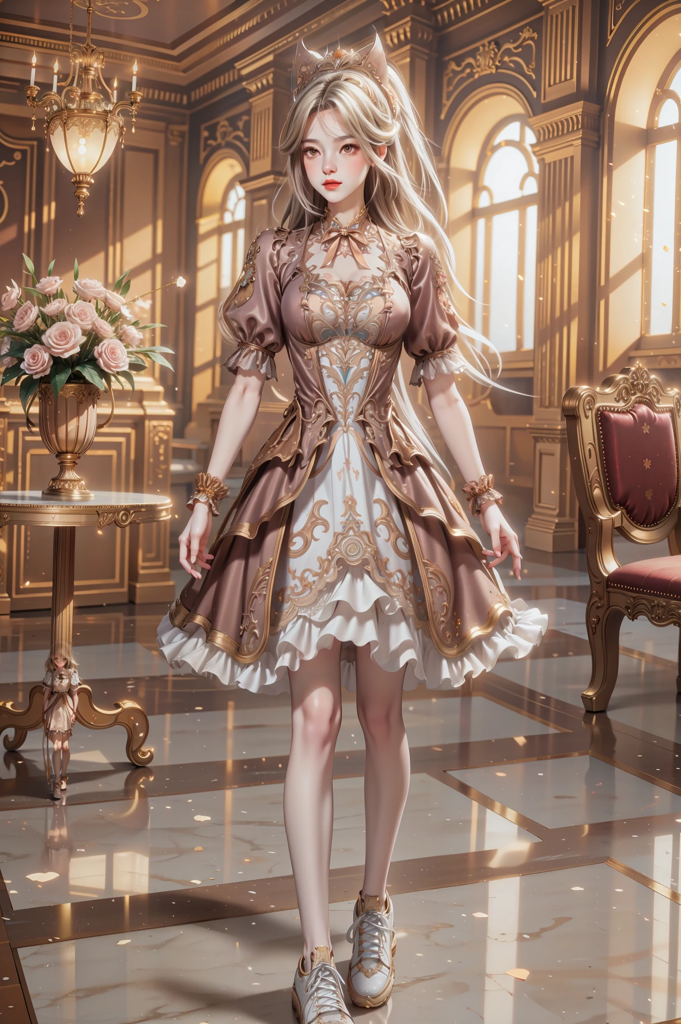 Superb detail, 8k photos, hyper-realism, professional light, realistic background, visual depth, background bokeh, wide angle lens, full body, (, cute, loli, flat chest, cat ears), 1girl, colored eyes, blonde hair, (Lolita fashion: 1.5), (lace, frilled shirt, white petticoat, sneakers), (plush toy), pink cute backpack, street, fashion
