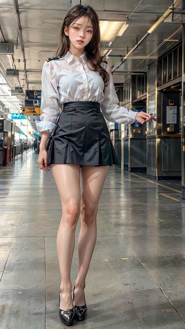 Heavy makeup,Stiletto pointed toe heels,Transparent colorless flesh silk pantyhose,Long legs,8K,On the street,In the daytime,By bangs,Single ball head,tightshortsleeve,Short skirt at the bottom,two women