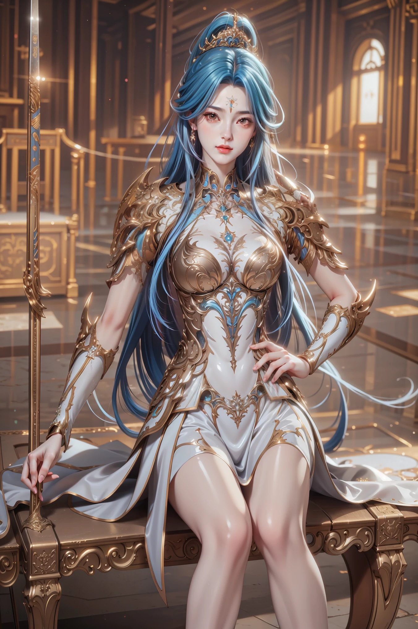 (masterpiece),(best quality:1.5),8k,absurdres,highres, Glowing skin:1.3, shiny skin, oil skin, (Sharp gaze),
Wang qiu'er,cute face, closed mouth:1.3,jewelry, Earring,(long hair:1.5), blue hair,(multicolor hair:1.5), 1girl,
solo,
long hair,
breasts,
looking at viewer,
dress,
holding,
closed mouth,
blue hair,
(Sitting:1.3),
(upper body:1.5),
ponytail,
weapon,
holding weapon,
white dress,
armor,
high heels,
hand on hip,
polearm,
shoulder armor,
