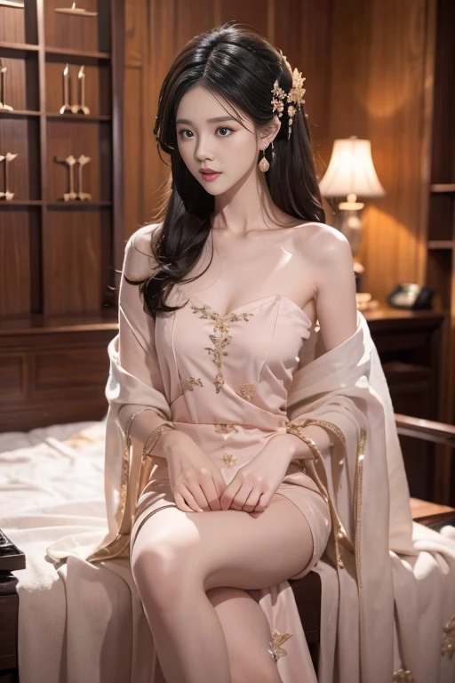 1girl, bare_shoulders, bed, black_hair, blurry, blurry_background, breasts, brown_eyes, collarbone, depth_of_field, earrings, floral_print, indoors, jewelry, lips, long_hair, looking_at_viewer, medium_breasts, necklace, on_bed, realistic, sitting, solo,
