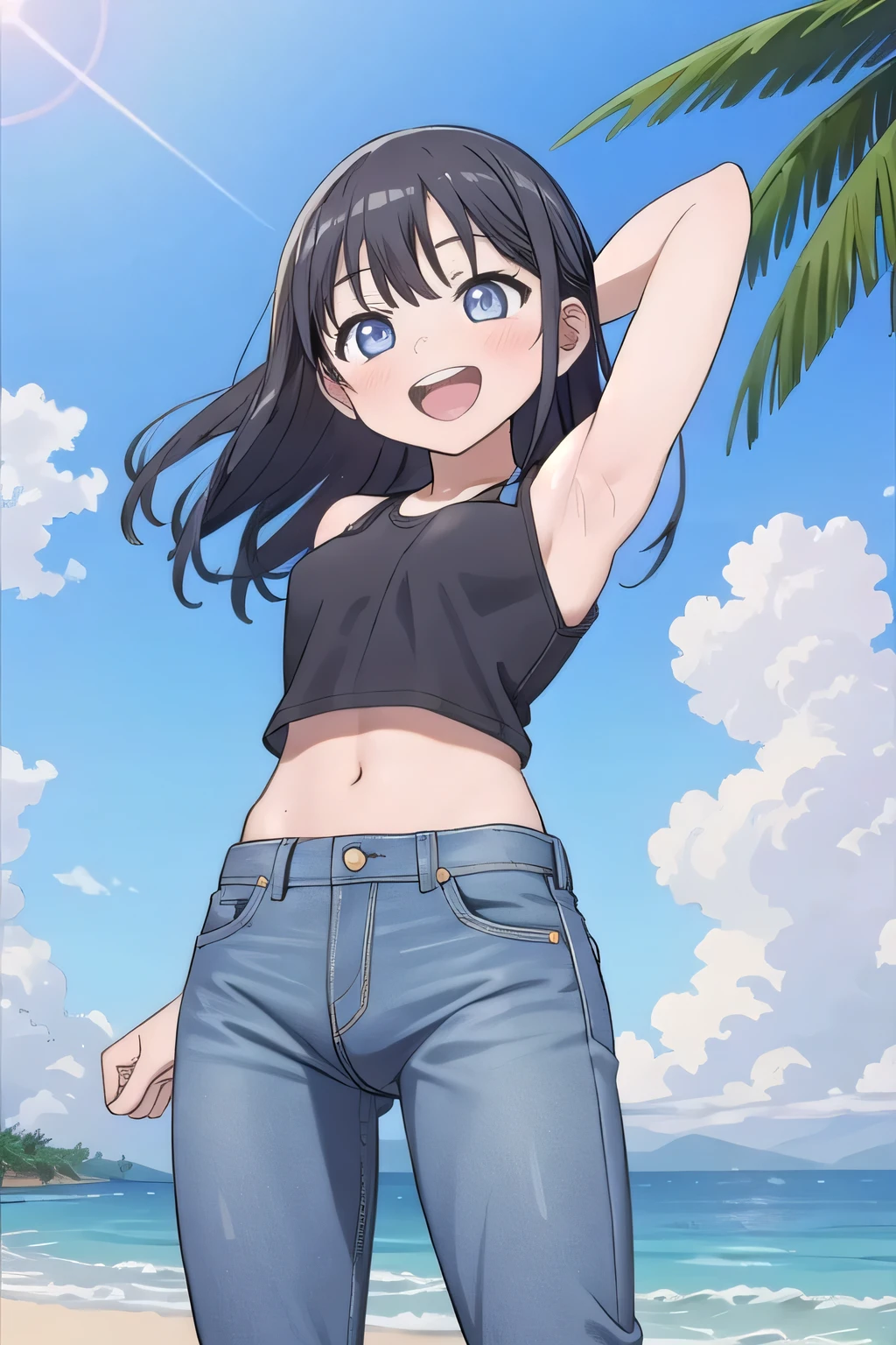 masterpiece,best quality,ultra detail, ((Perfect Face, Perfect Arms, Perfect hands, Perfect Fingers)), 1girl, , peti ((round face, ecstasy, orgasm face, drooping eyes, shame smiling, blush)), dropping eyes, sleepy, Open mouth, ((White teeth)), background((under the beach, (day:1.2), palm tree, bright sky)), komichi akebi, long hair, bangs, blue eyes, black hair, ((arms behind head, hands behind head, fingers behind head)), ((contrapposto)), spread armpits, looking at viewer,, (white tank top:1.2), (white crop top:1.2), (jeans pants:1.2, flares jeans:1.2, skinny jeans:1.2, blue jeans:1.2), standing, (legs spread:1.4), sex pose, Sweaty crotch, Steam from the crotch, from below, whole body