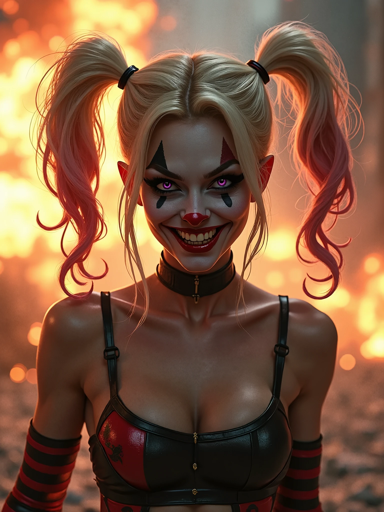 Macabre. an oil painting of dark figure, a teen girl clown smiling with red paint. tight leather shorts, crop top, underboob. white hair in twintails. dark ambient. background a dark room with clown masks. on sofa resting.