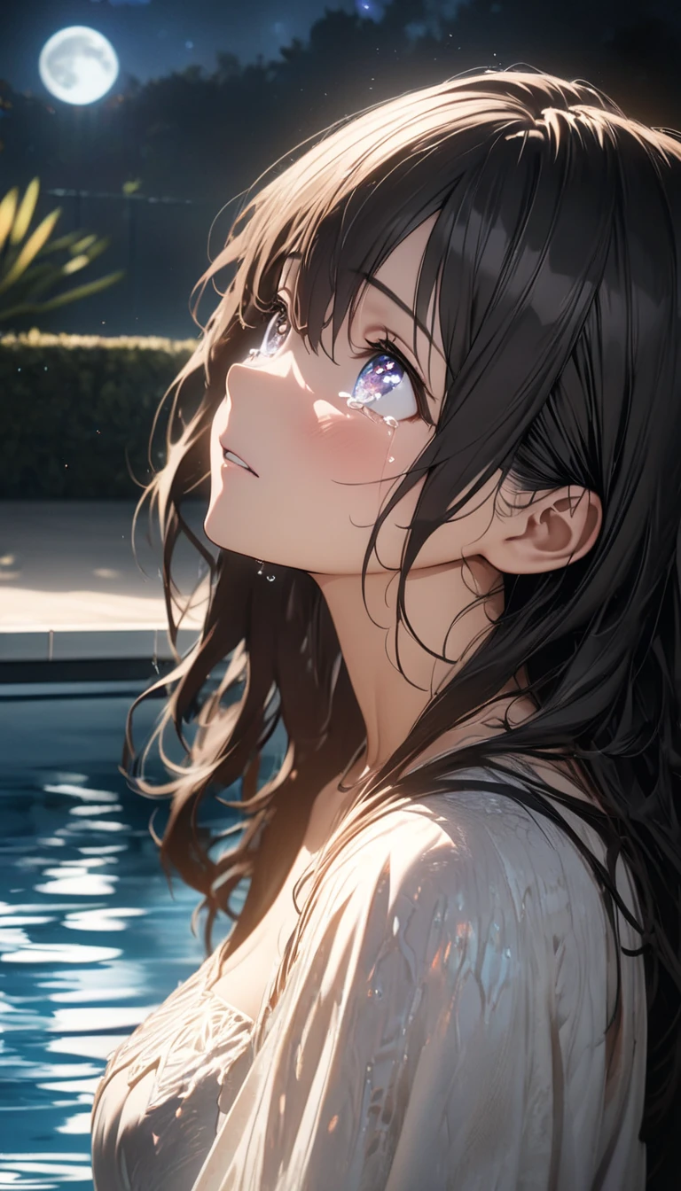 (Official Art、Highest quality、Unity 8k wallpaper、32k、masterpiece、Ultra-detailed、Ultra-high resolution、Realistic、Photorealistic:1.2)、(Cinema Lighting:1.2)、Fire Glow Effect、Film Grain、Best Shadow、Rim Light、Side light、Side Shot、(Highly detailed and intricate 3D rendering)、Sharp pupils、Realistic生徒、Cowboy Shot, Highly detailed background、Beautiful Face、Blurred Background、Beautiful girl、(Highly detailed skin、Detailed skin texture:1.3)、Milky white over a lake with a boat in the foreground, The endless universe in the background, 壮大なmilky way, 空にはmilky wayがある, 空のmilky way, Free space, milky way, Lost in the milky void, Really great images, milky wayエクスプレス, Space Photography, Galaxy in the sky, Beautiful space, Travel through the stars、bathing、bath towel、Immerse yourself in hot water up to your shoulders、Swimwear、２０Beauty of the Year、Beautiful black hair、Blunt bangs、The eyes are brown、A happy smile、From behind、Hips、Beautiful back、