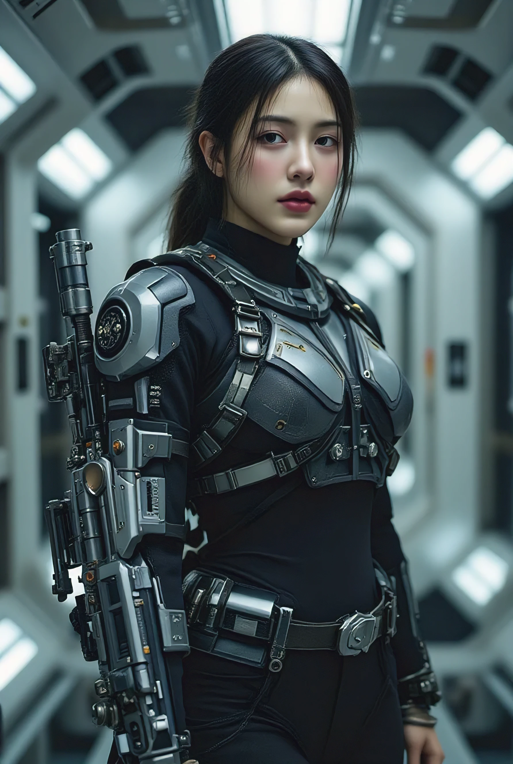 Realistic close-up photo, lots of detail, cyberpunk style. hideo kojima death stranding style. In the centre of the frame is a full-length Asian woman, she is standing on her front side. Her face is looking directly at us. In place of her right arm, she has a massive cybernetic weapon gun with many parts in silver-grey. A smooth arm joint is attached to her shoulder. The woman is dressed in a carbon mecha soldier armour with many mechanical parts. Close-up. In the background, futuristic cyberpunk spaceship room.,alicia_vikander