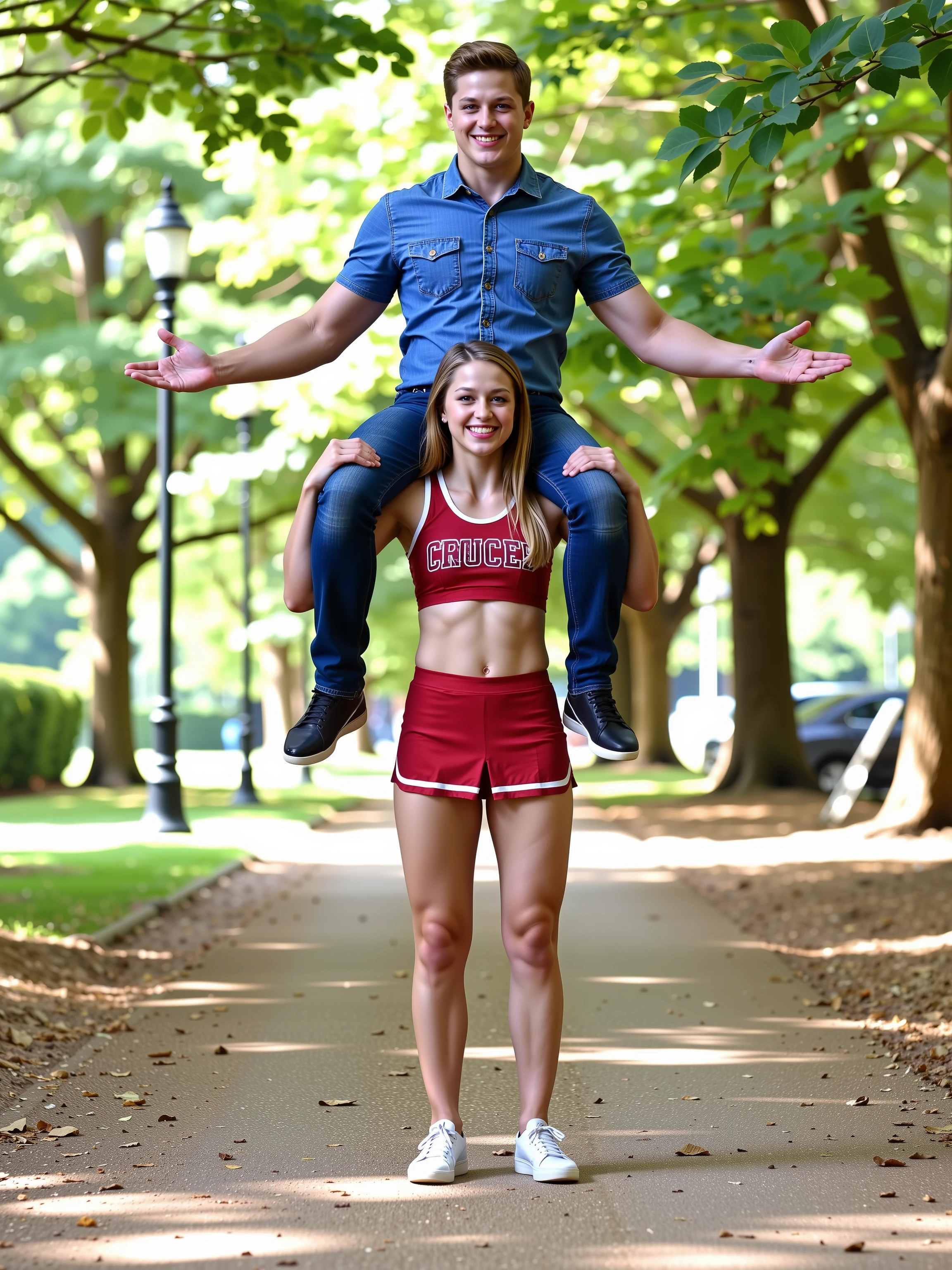 A longshot photograph capturing a (petite:1.4), athletic, slim, and strong girl effortlessly carrying a larger man. The man is sitting on her shoulders. [The girl has long blonde hair and is dressed as a cheerleader, 5’ tall, 100 lbs, cleavage, fit, smiling]. [The man is large, 6’ tall, 250 lbs, wearing jeans and a blue shirt. He sits on the girl’s shoulders]. The setting is a park, with soft, natural light filtering through, casting subtle shadows.