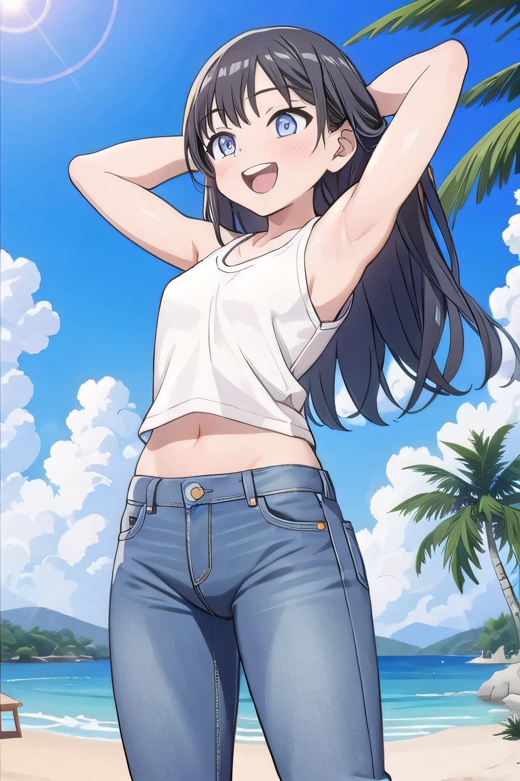 masterpiece,best quality,ultra detail, ((Perfect Face, Perfect Arms, Perfect hands, Perfect Fingers)), 1girl, , petite, ((round face, ecstasy, orgasm face, drooping eyes, shame smiling, blush)), dropping eyes, sleepy, Open mouth, ((White teeth)), background((under the beach, (day:1.2), palm tree, bright sky)), komichi akebi, long hair, bangs, blue eyes, black hair, ((arms behind head, hands behind head, fingers behind head)), ((contrapposto)), spread armpits, looking at viewer,, (white tank top:1.2), (white crop top:1.2), (jeans pants:1.2, flares jeans:1.2, skinny jeans:1.2, blue jeans:1.2), standing, (legs spread:1.4), sex pose, Sweaty crotch, Steam from the crotch, from below, whole body