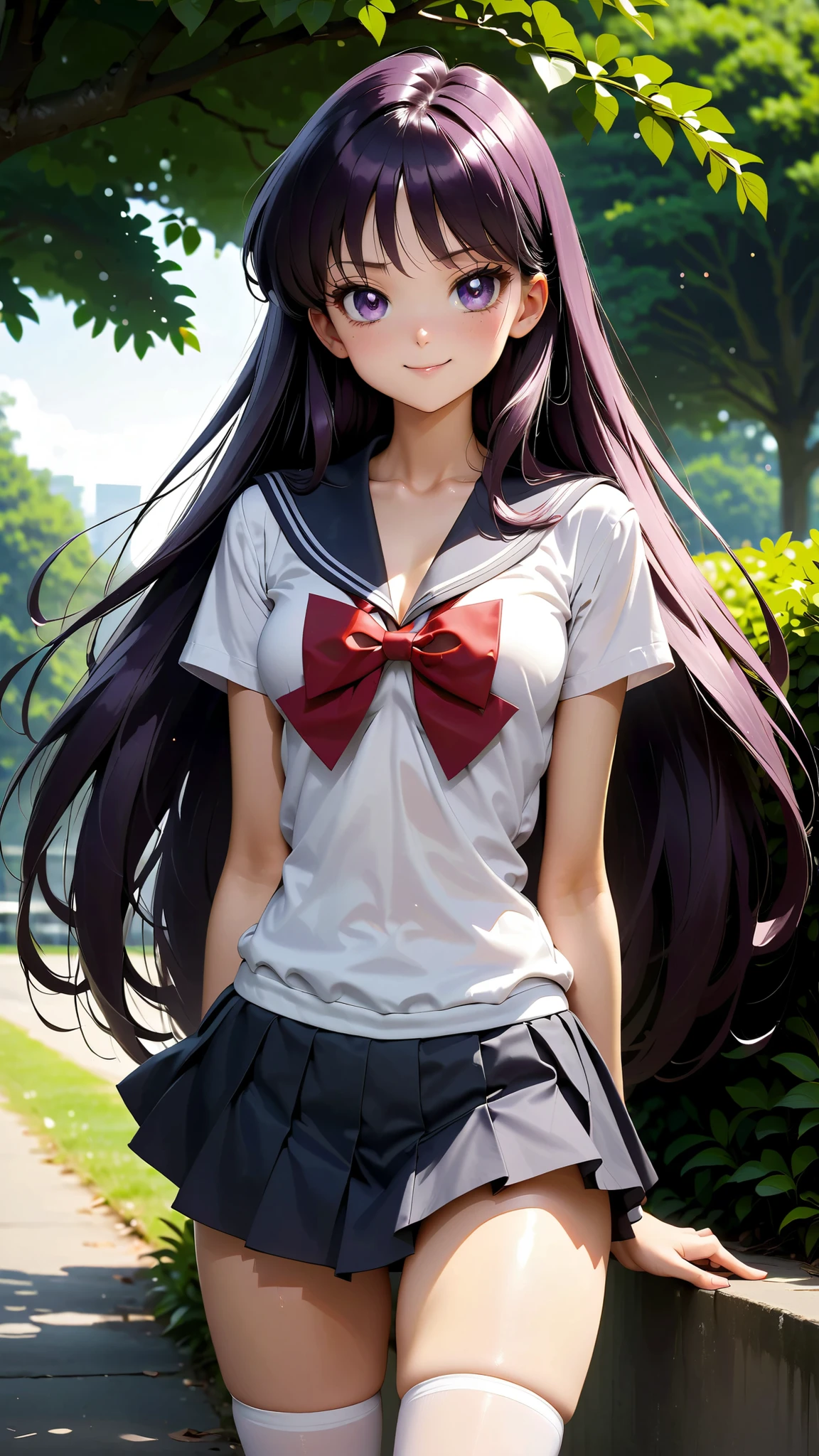 masterpiece, best quality, very aesthetic, ultra detailed), intricate details, solo, long hair, black hair, purple eyes, perfect eyes, aamars, school uniform, black sailor collar, gray shirt, short sleeves, black skirt, small breasts, white Knee highs, shiny skin, smile, posing full body, looking at viewer, outdoors, school park, perfect anatomy, smug