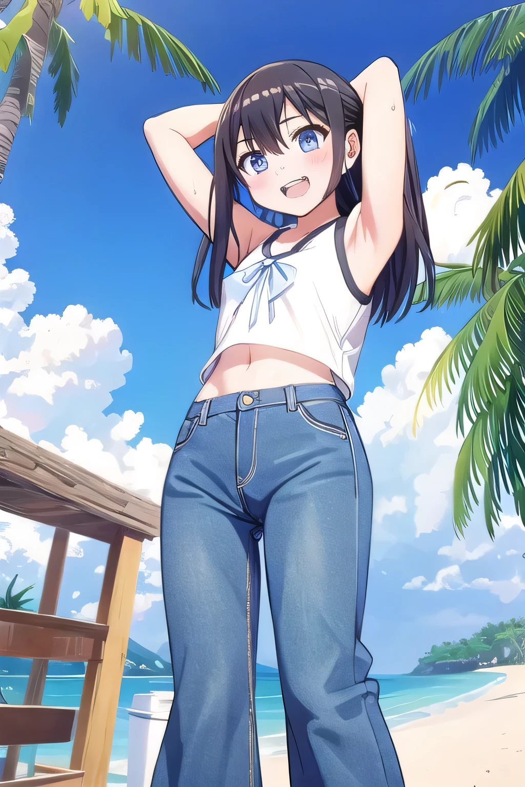 masterpiece,best quality,ultra detail, ((Perfect Face, Perfect Arms, Perfect hands, Perfect Fingers)), 1girl, , peti ((round face, ecstasy, orgasm face, drooping eyes, shame smiling, blush)), dropping eyes, sleepy, Open mouth, ((White teeth)), background((under the beach, (day:1.2), palm tree, bright sky)), komichi akebi, long hair, bangs, blue eyes, black hair, ((arms behind head, hands behind head, fingers behind head)), ((contrapposto)), spread armpits, looking at viewer,, (white tank top:1.2), (white crop top:1.2), (jeans pants:1.2, flares jeans:1.2, skinny jeans:1.2, blue jeans:1.2), standing, (legs spread:1.4), sex pose, Sweaty crotch, Steam from the crotch, from below, full medium body