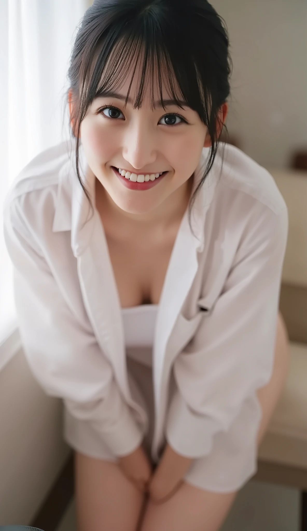 ((( low angle shot 、 biologically accurate images、 staring at the camera :1.22, lean forward , loose open shirt 、 underwear))), Japanese 22-year-old female, hotel room 、 Indirect Lighting、 nudes, completely naked, young, Incredibly large breasts with perfect circles, Sexy and Attractive Thighs , sexy hipster,young and plump butt , random sexy pose,Sensual sexy look