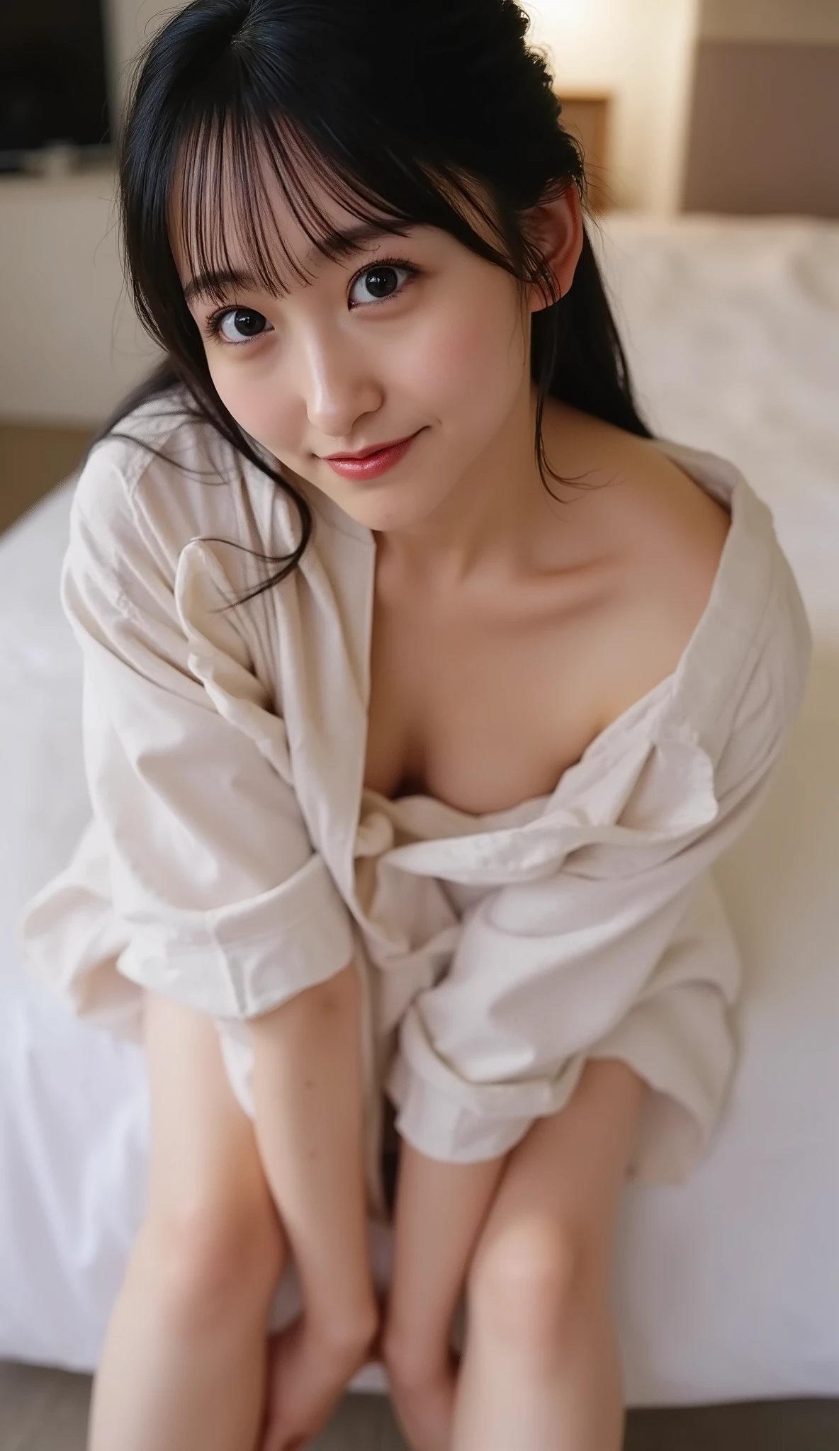 ((Extremely precise and accurate anatomy:1.0、Hands have five fingers、Five fingers on the feet)), (photo Realistic:1.4), (hyper Realistic:1.4), (最高品質のRealisticな肌の質感:1.4), (Improvement of quality:1.4), (Enhances the beauty of skin texture:1.1), Clean and glowing skin, mesh, thin:1.2, (Realistic:1.3), Realisticなライティング, (Smoother lighting:1.05), (Improving the quality of cinema lighting:0.9), Backlight, A gentle light on your face, Ray Tracing, (Bright light:1.2), 32K, One Japanese woman, fine grain, Detailed face, (Film Grain:1.1),(Accentuates body lines:1.1), High resolution, Natural look, Kind eyes, Improves hair quality, Delicate light and shadow, Transparent muscles, Graceful pose, Beautiful Eyes, Sharp details, Soft light reflection, Beautiful contours, Delicate skin tone, Fine hair texture, Natural background, Looks tired、(((A loose-fitting camisole))),barefoot,One Girl,Realistic,Bedroom、Looks sleepy