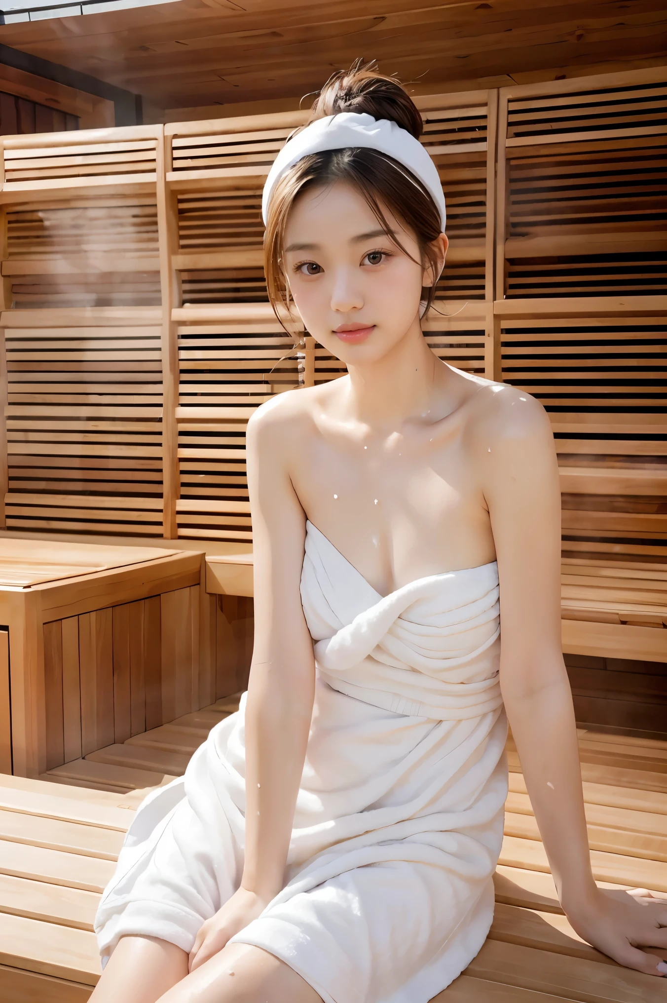 1Girl, Solo, (Masterpiece, Best Quality, 8K,,Photorealistic, real girl, mulberry:1.37), looking up at viewer, 1 dainty Japan, Slender body type: 1.1, Small breasts, Sitting, sauna, Double eyelids, Droopy Eyes, A dark-haired, (Sweaty face, Sweaty body: 1.2): 0.2, (White Oversized Towel Dress, strapless), (small in size, White Towel Turban: 1.1), Finnish sauna, realistic body, makeups, Gloss slip, focus on face, smaller face, Sharp focus, Layered Cut, facing the viewer, The sauna has the following.., shot from the front