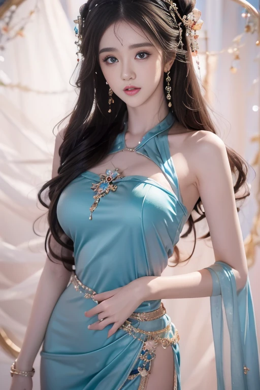 best qualtiy, tmasterpiece, 超高分辨率, (realisticlying:1.5), RAW photogr, 1girll, silber hair, long hair,hair adornment shoulders,Cold and glamorous,Raised sexy,Cyan and pink tulle dress, Detailed scenes, amazing pose, Eye-catching accessories, Picturesque