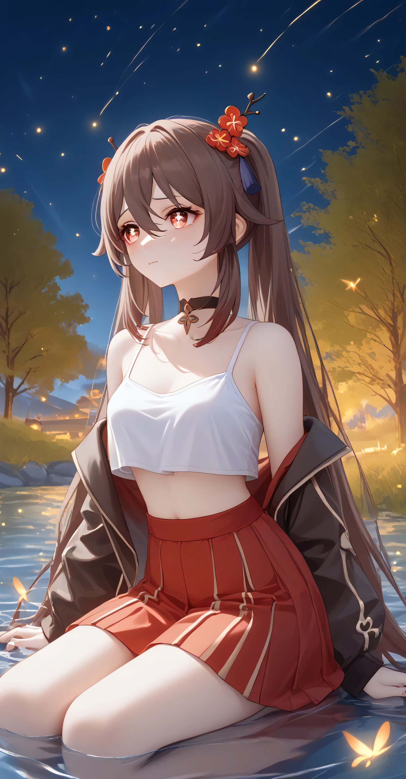 Futao\(Genshin Impact\)、 long hair、bangs、Brown Hair、Red Eye、 hair between eyes、 twin tails、side lock、 symbol shaped pupil, score_9, score_8_up, score_7_up, source_anime, masterpiece,best quality, flat breasts, Shy, ((White Spaghetti, crop top overhang, headphone, choker, thight skirt)), Sit down ((background: Mid night , Leak, water fall, firefly, tree, beautiful sky))