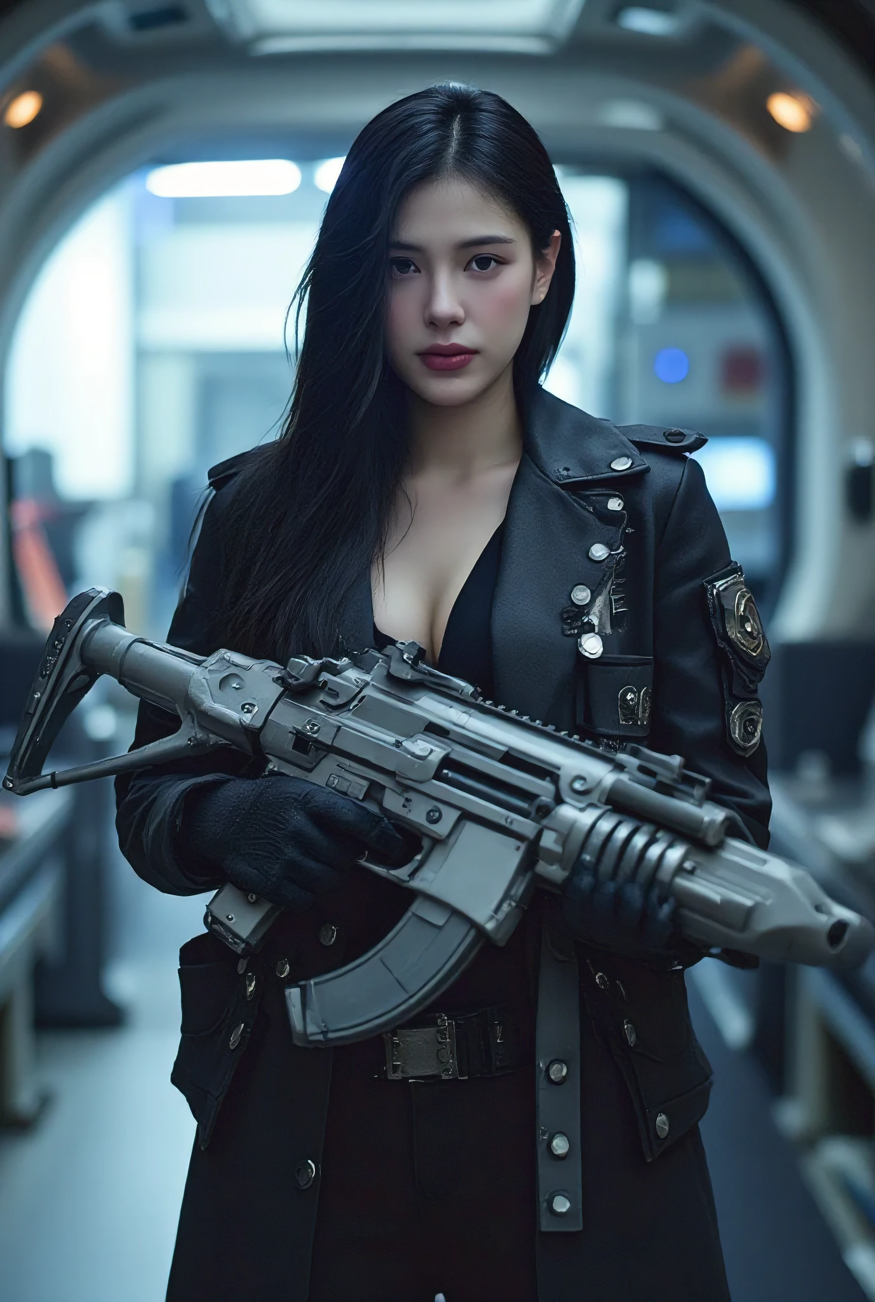 Realistic close-up photo, lots of detail, cyberpunk style. hideo kojima death stranding style. In the centre of the frame is a full-length Asian woman, she is standing on her front side. Her face is looking directly at us. In place of her right arm, she has a massive cybernetic weapon gun with many parts in silver-grey. A smooth arm joint is attached to her shoulder. The woman is dressed in a carbon mecha soldier armour with many mechanical parts. Close-up. In the background, futuristic cyberpunk spaceship room.,alicia_vikander