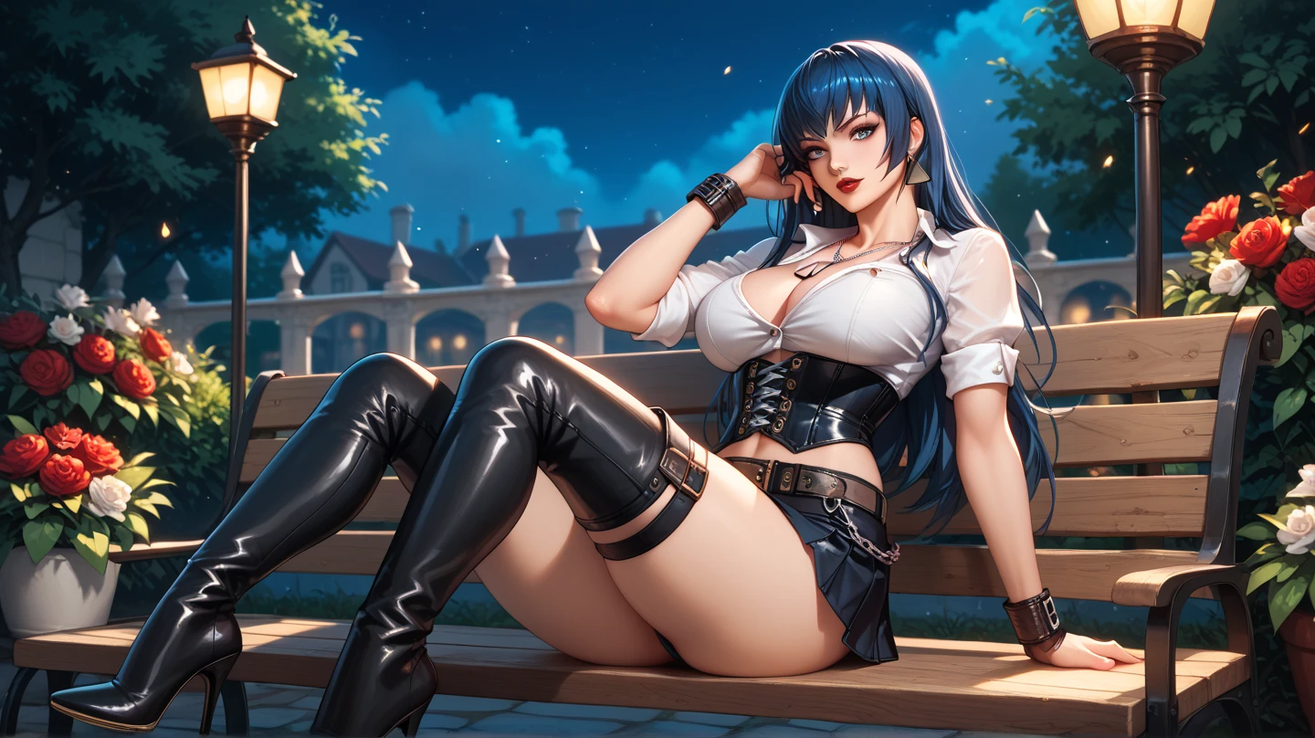 Sexy leona heidern,  blue eyes,  long hair,  dark blue hair, Red lips,   triangle earrings, dog tags,  big breasts, wearing a corset ,  white shirt, school-type mini skirt,belt with chains,  Thigh-length boots ,  high heels , In a medieval garden,  at night, Sitting on a marble bench, pose sexy,