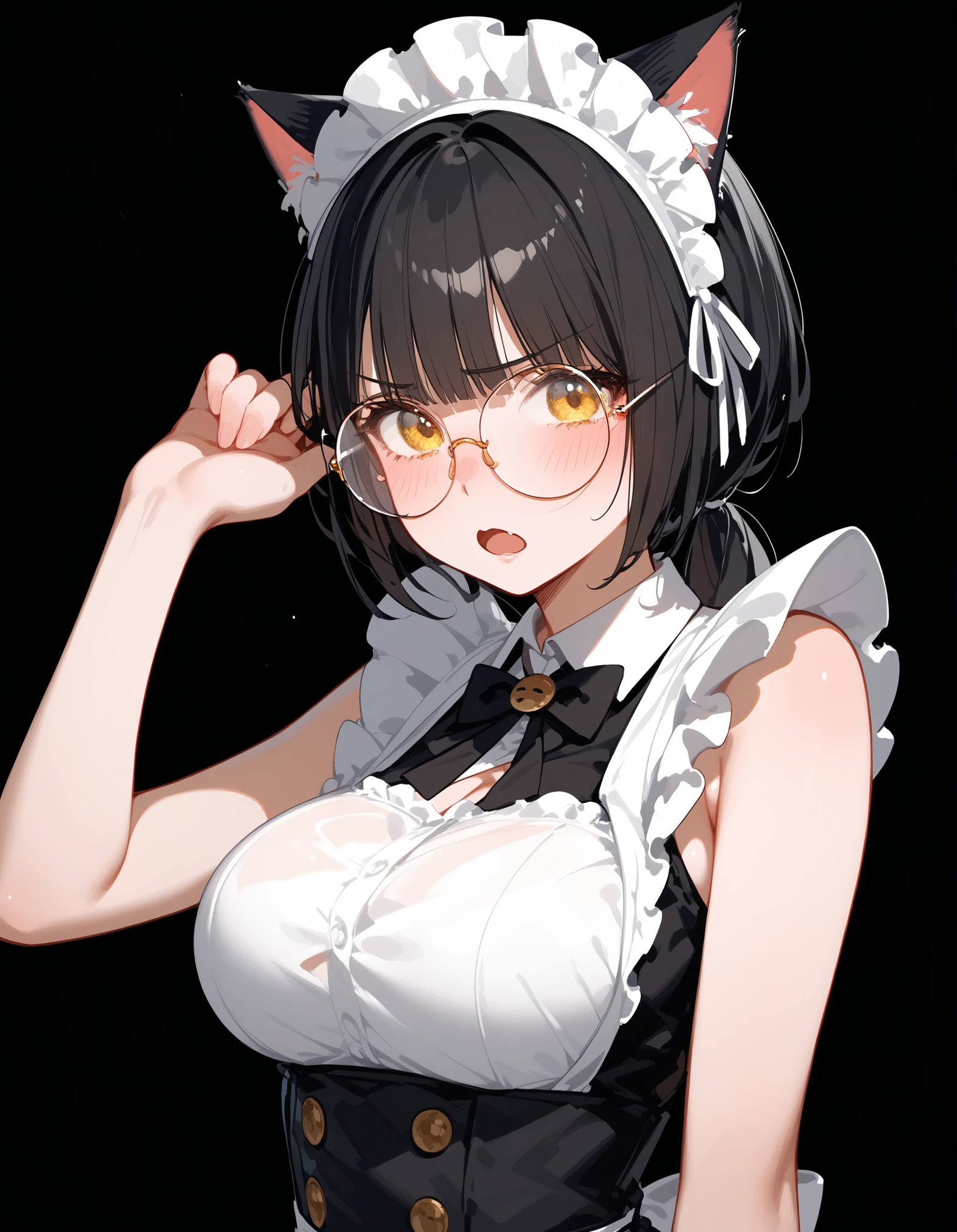 alone,girl, black hair,Bangs, short hair ,ปลาย black hair, golden eyes,ปลาย black hair, cute, complete, black background , with big breasts,Emotionless,, ponytail,Upset ,. Photo from the back.,Top image , with big breasts,, cute,, cuteมาก, cosplay catgirl, ขี้ shy,Open your mouth, shy,Maid outfit,, put on round glasses , in the form of a whole body., Sleeveless Top, White Long Socks , Slim ,Shy ,Closely Dressed, standing