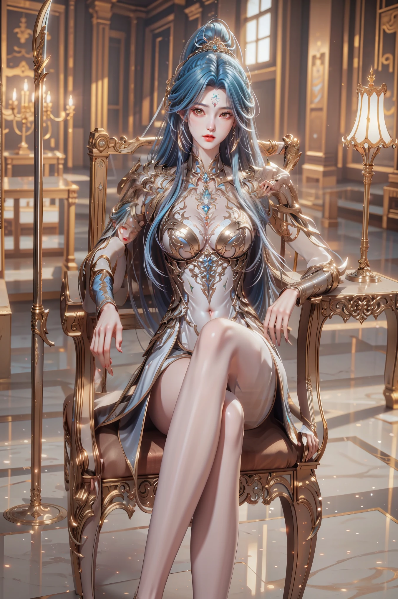 (masterpiece),(best quality:1.5),8k,absurdres,highres, Glowing skin:1.3, shiny skin, oil skin, (Sharp gaze),
Wang qiu'er,cute face, closed mouth:1.3,jewelry, Earring,(long hair:1.5), blue hair,(multicolor hair:1.5), 1girl,
solo,
long hair,
breasts,
looking at viewer,
dress,
holding,
closed mouth,
blue hair,
(Sitting:1.3),
(upper body:1.5),
ponytail,
weapon,
holding weapon,
white dress,
armor,
high heels,
hand on hip,
polearm,
shoulder armor,