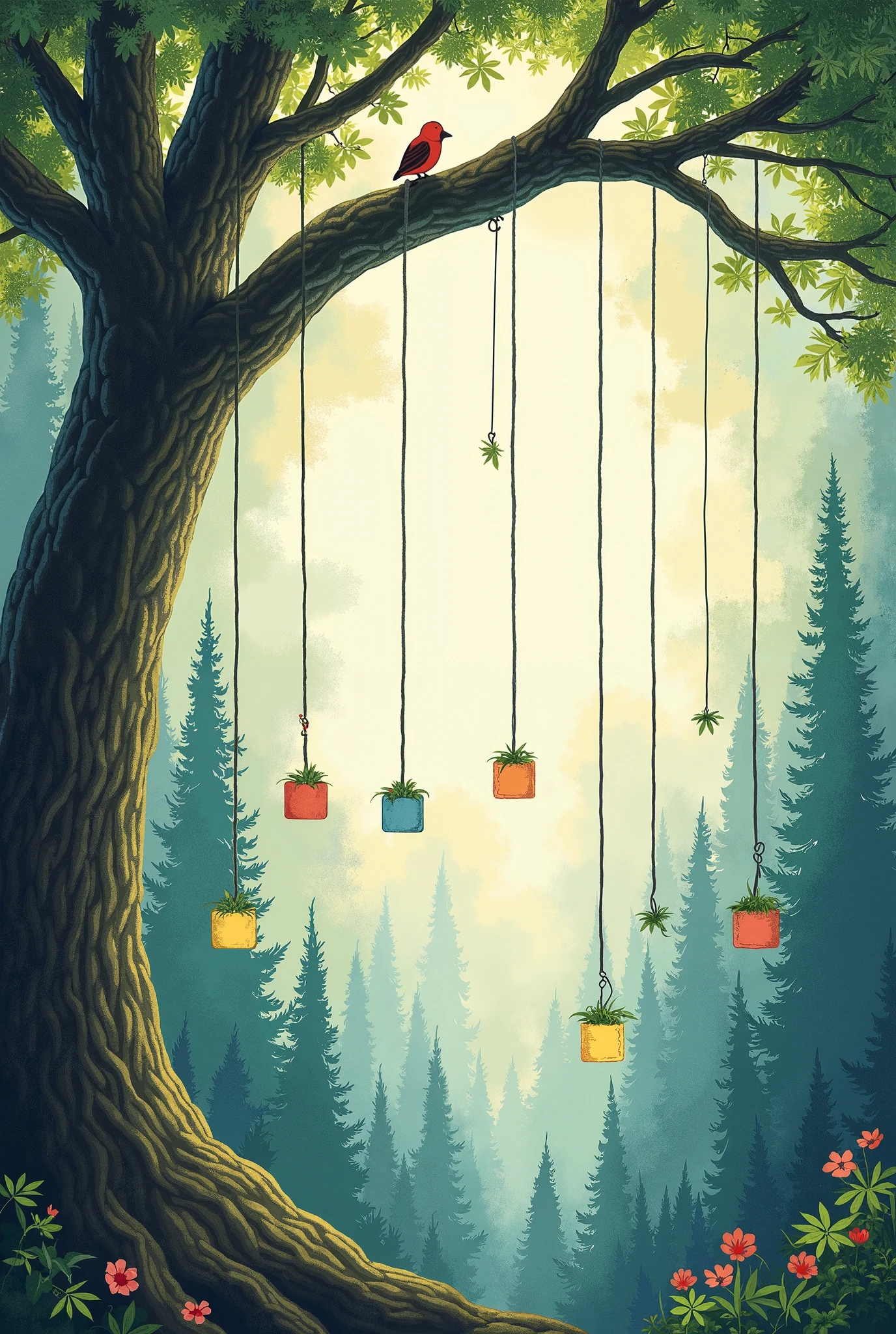 There are many hanging jars on a tree with a bird on it - SeaArt AI