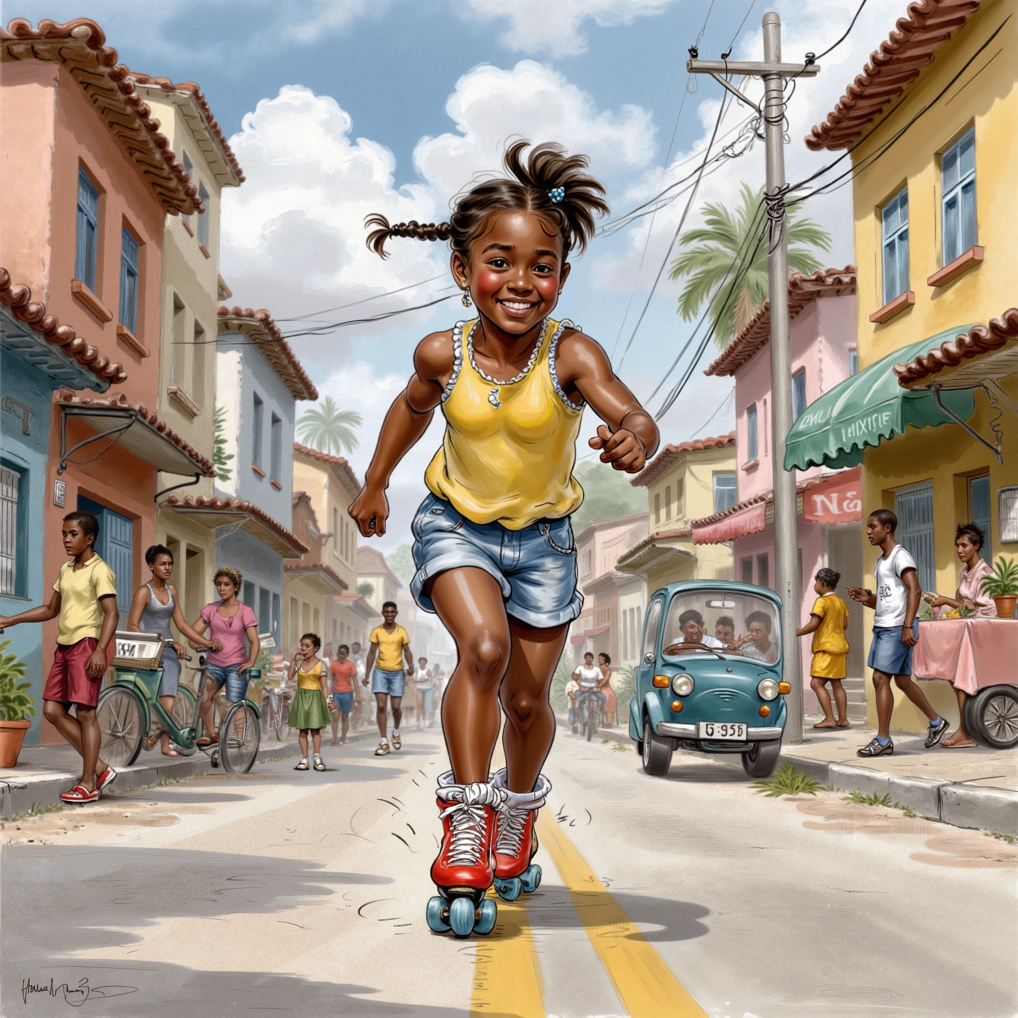 A young girl, african, braided short hairstyle, roller skating in the street