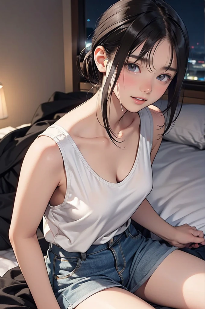 masterpiece, High resolution,High-definition CG Unity 8K,realistic,beautiful and detailed face, white skin,detailed hair textu1 girl,skinny,flat chest, black hair,very short hair, forehead,swept bangs,side undercut,(white tank top),