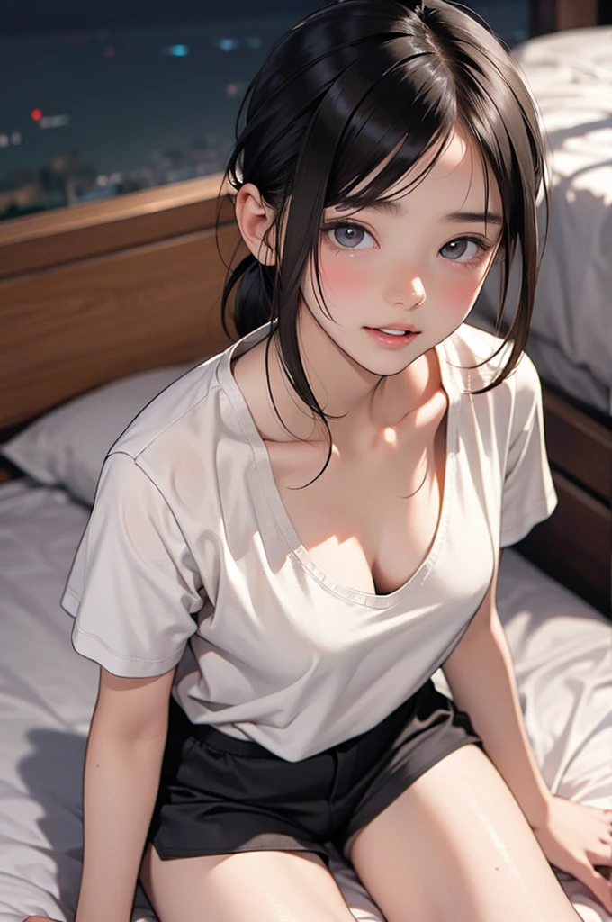 (highest resolution, distinct_image) The best quality, a woman, masterpiece, highly detailed, semi realistic, 21 years old, cute, young, beautiful, naked oversized t-shirt, shirt tug, collar on neck, indoors, modern bedroom, window, waking up, morning, blushing