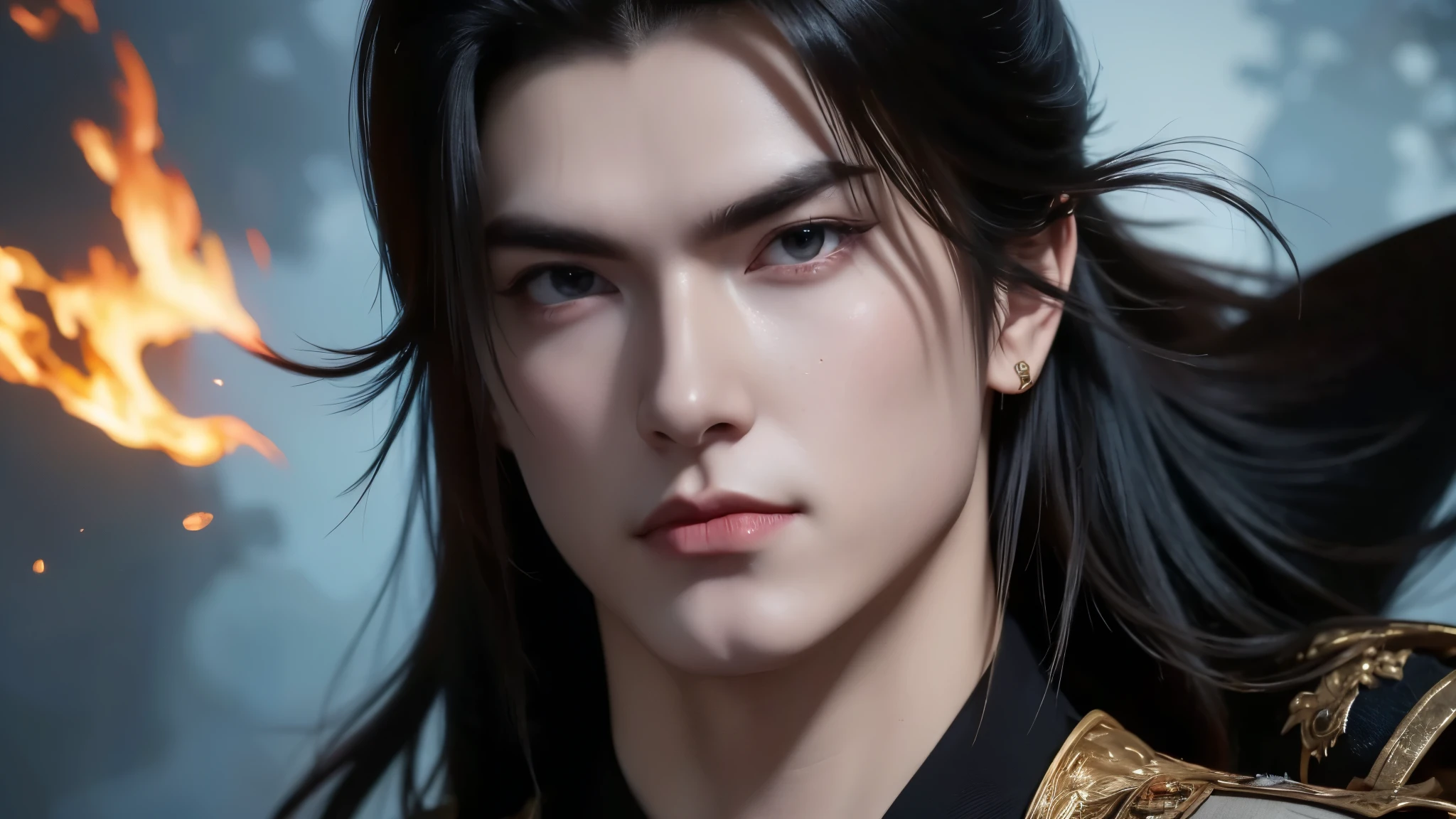 Vuong Lam's portrait is beautiful, emotionless, exuding a cold, majestic temperament tinged with loneliness. His deep, piercing blue eyes looked at his opponents, reflecting his perseverance and an incomprehensible inner world, shaped by countless trials. His handsome, sharp face exudes determination and intelligence. His flowing red hair in the ancient Tien Hiep style further enhances his elegant appearance. He wears an exquisite period costume, battle scars - blood on his face and pale lips - mark his recent struggle.The image is a dynamic, digital artwork featuring a stylized figure with exaggerated, muscular humanoid form. The central figure is cloaked in dark tones, providing a silhouette-like appearance against the fiery background. The figure's pose suggests motion and power, with outstretched arms and a defiant stance that gives the impression of confident action or thunderous arrival. The background bursts with vibrant red flames.