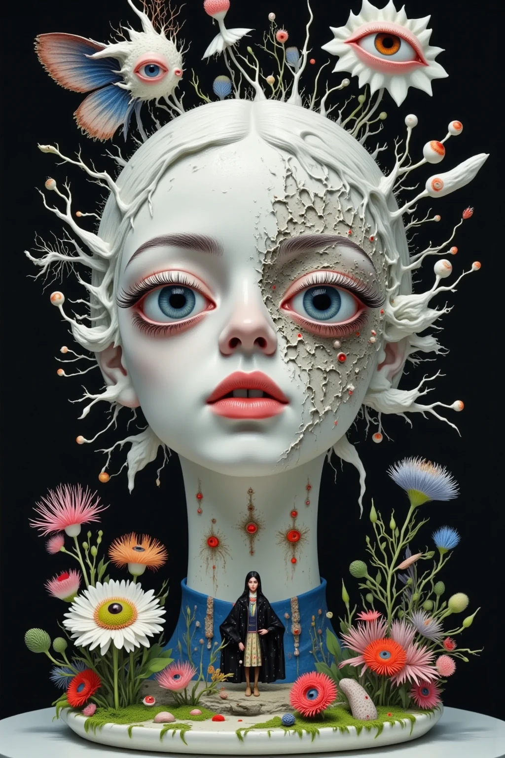 Painting of a woman holding a bird skull and metallic insects inside a crystal ball, ghostly beautiful art, in pearl, High detail, Realistic skin, James Jean y Vlop, adrian borda, Carole Buck and Peter Morbacher, Complex heterochromatic sadness, James Jean and Peter Morbacher, James Jean and Andrey Ryabovichev, Jana Braik, Skeletal girl, Bipple y Jeremiah Ketner