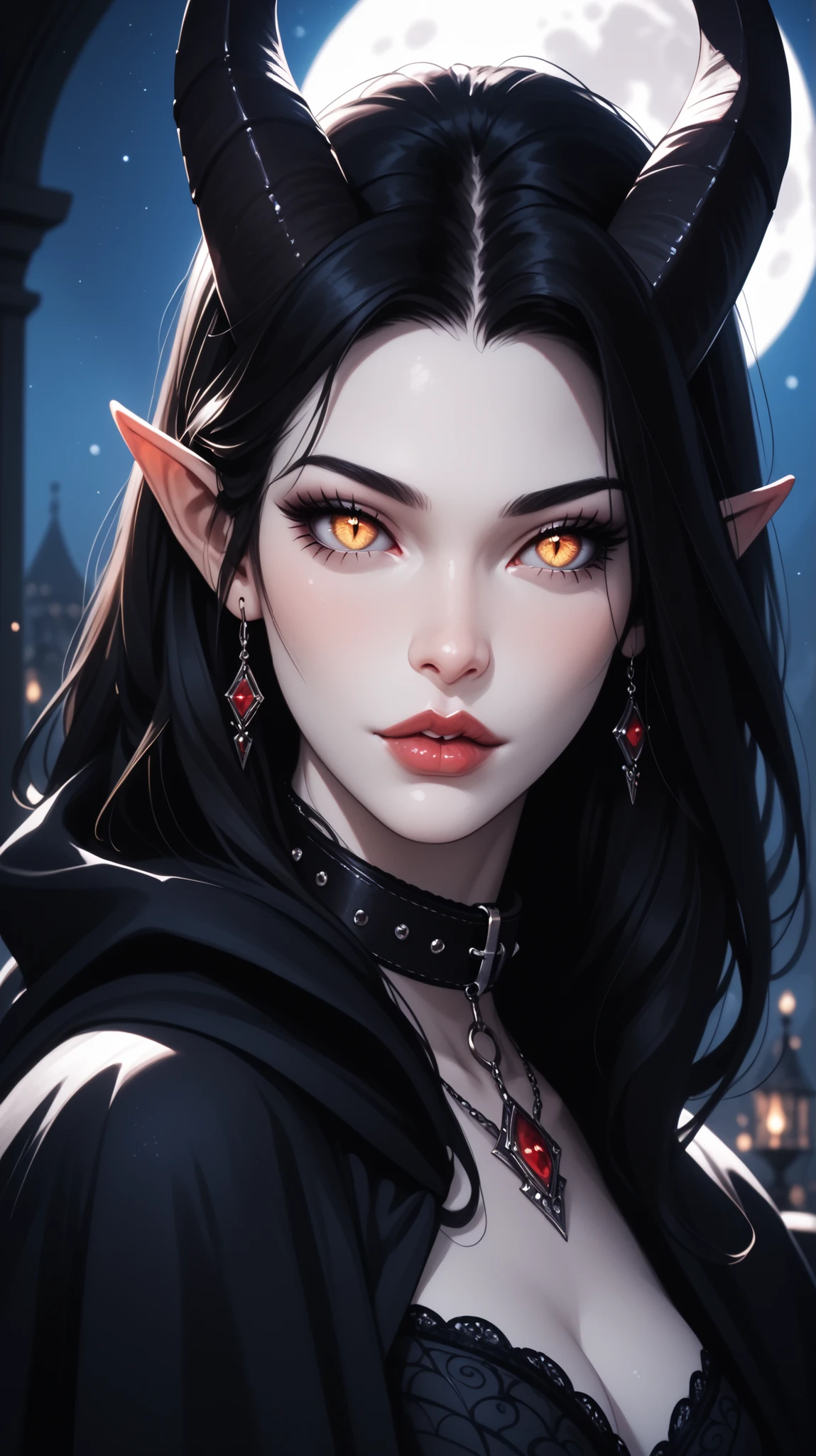 score_9, score_8_ upwards, score_7_ upwards, score_6_ upwards, score_5_ upwards, ((( beautiful , high quality))), looks towards , portrait, score_9, score_8_ upwards, score_7_ upwards, black sclera , slit p upwardsils, A tiefling, spider eyes , yellow eyes, white skin, black hair, dark background , blurred background, Gothic, posing, at night, realistic natural light , big , mantle, beautiful detailed lips , long eyelashes , good anatomy, seductive look, big thick black horns, collar, demon tail, dark fantasy, moon, 8 k, photorealistic