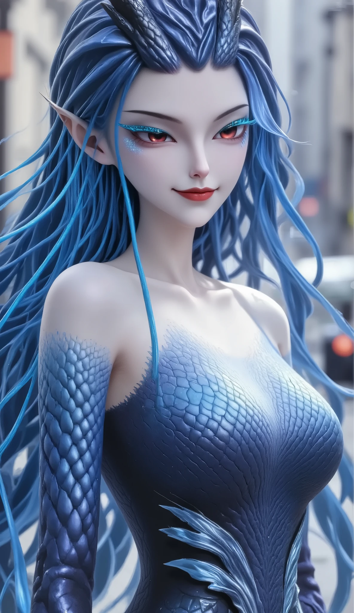 Dragon Girl,  is unique， blue hair,  huge chest ， huge chest ， Exposed  ， reveals breasts， Exposed  ， reveals breasts， reveals breasts， reveals breasts， huge chest ，