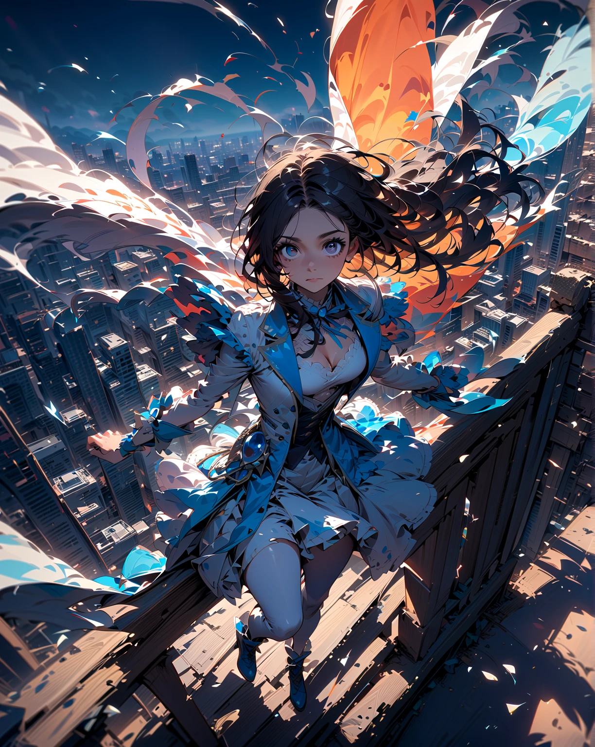 Destroyed city, (A giant goddess floats, 100 meters tall, Light radiates from the entire body, Lost Students, The Last Judgment, Blue Flame), ((Droopy eyes, sleepy)), arms, Aerial angle from below,