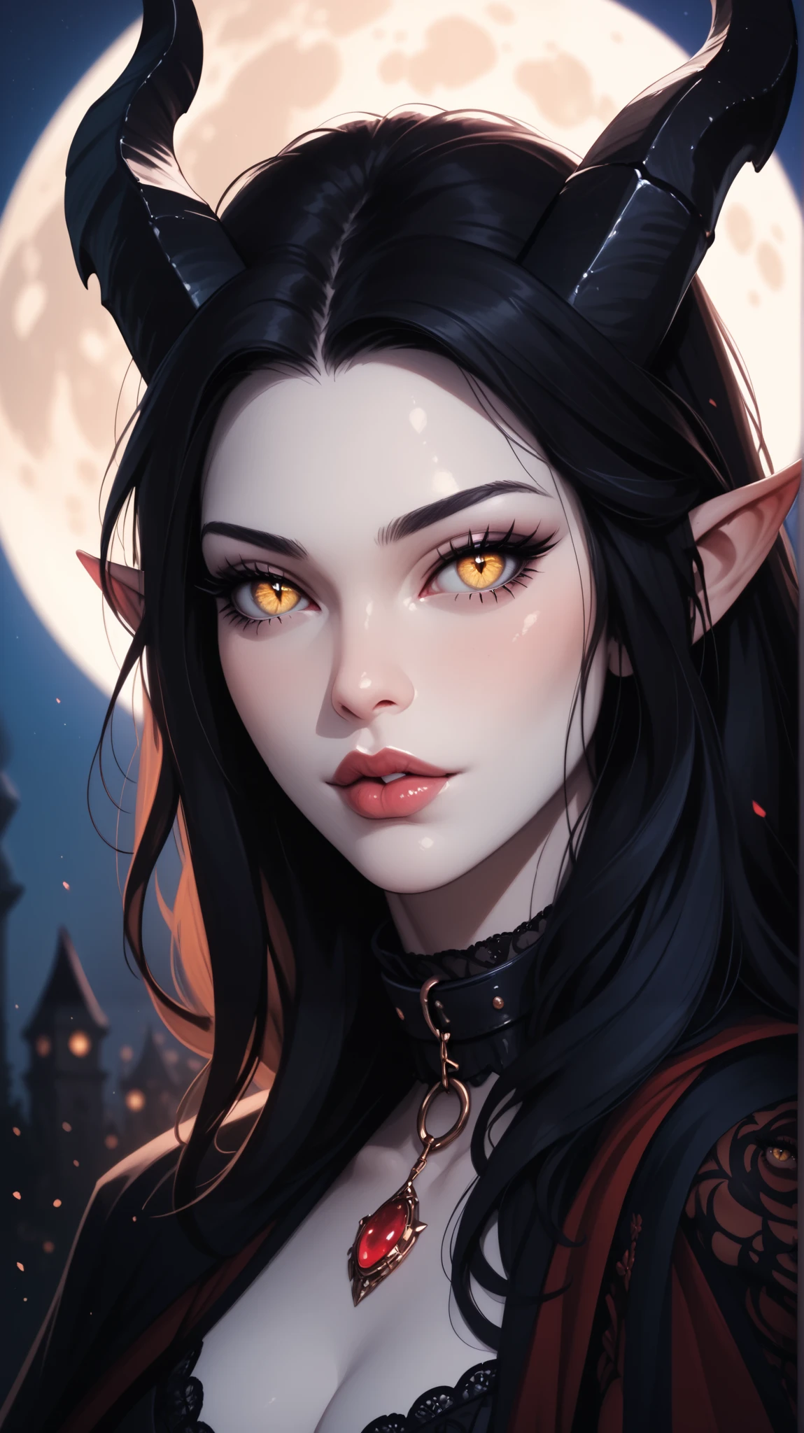 score_9, score_8_ upwards, score_7_ upwards, score_6_ upwards, score_5_ upwards, ((( beautiful , high quality))), looks towards , portrait, score_9, score_8_ upwards, score_7_ upwards, black sclera , slit p upwardsils, A tiefling, spider eyes , yellow eyes, white skin, black hair, dark background , blurred background, Gothic, posing, at night, realistic natural light , big , mantle, beautiful detailed lips , long eyelashes , good anatomy, seductive look, big thick black horns, collar, demon tail, dark fantasy, moon, 8 k, photorealistic