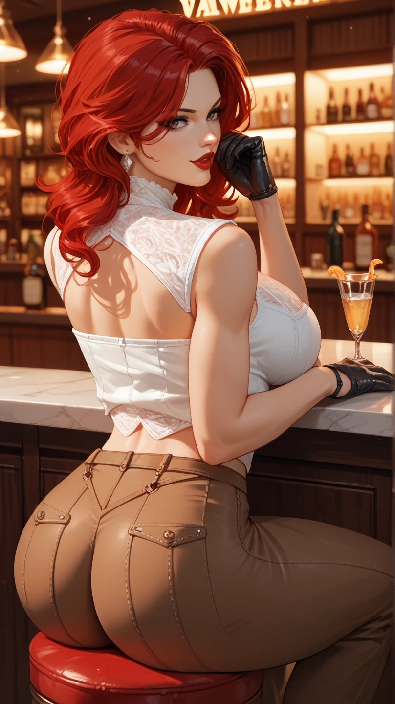 a gorgeous woman wearing a white silk shirt with a deep v neck, brown leather miniskirt, and a belt, cinched waist, dramatic lighting, photorealistic, high fashion editorial, corset, red hair, huge breasts, purple eyes, black makeup, crimson lips, looking at camera