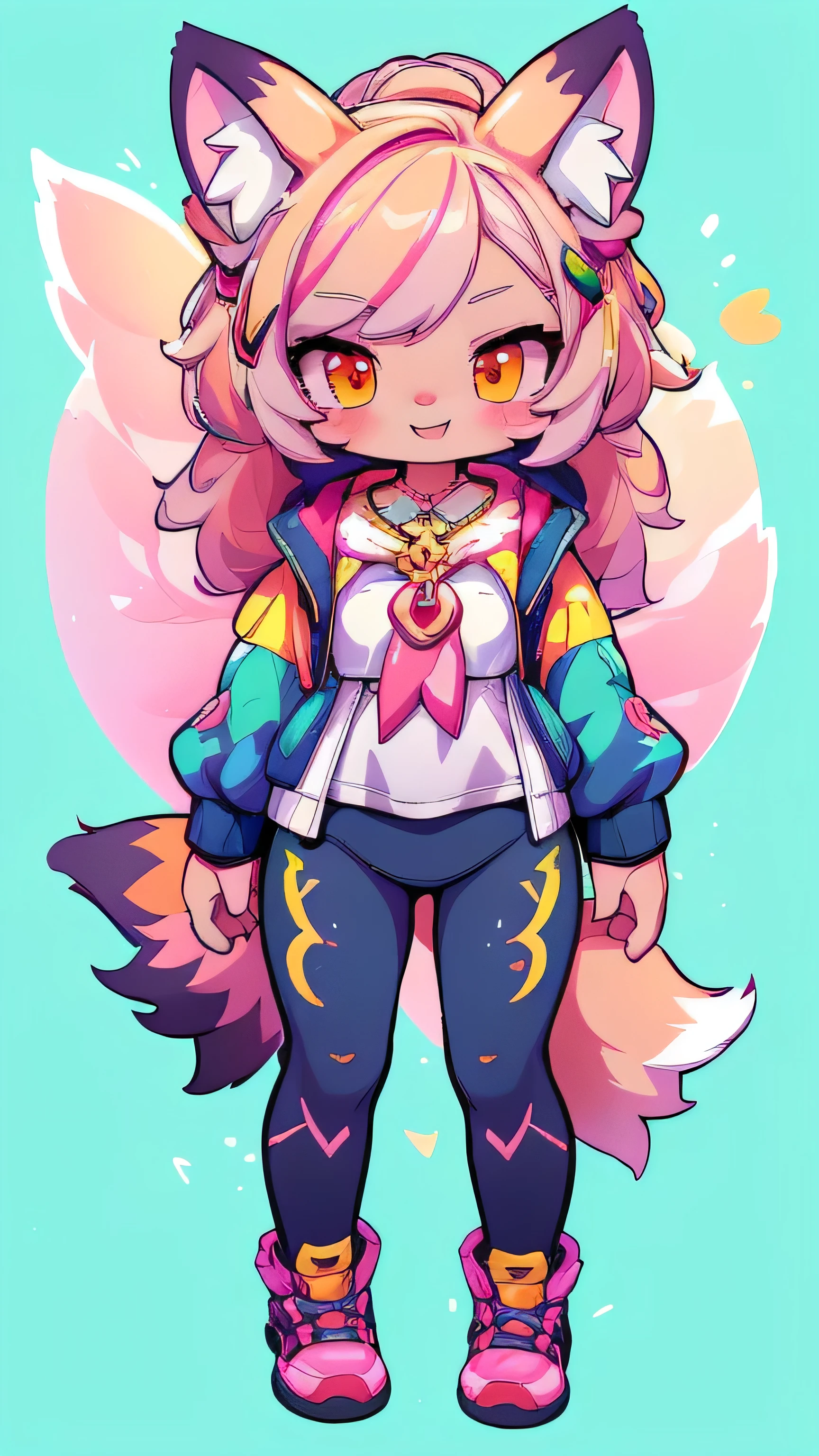 Create a unique sticker, Female hairy rainbow fox , Fox Ears , a fox tail , wide hips , White Skin Body , full body, standing, chibi. (cyberpunk style), ( High Quality , thong, 8k, high resolution), ((estilo chibi, chibi cute)), ( alone, A girl ), { fox girl, Fox Face, 2 fangs , long lashes, eyeliner } { fox mustaches }, ((( Fox skin over the body , fox stripes on the body , visible ears ))), (( long pink hair )), hair clip , ((very happy)), (( open-mouthed)), [Rainbow pupil ], (( Looking up )), ( very small breasts ), thin arms, ( arm down), --((( leggings and white blouse)))--, {{{ mini tiger tail , tail on the back }}}, ((( Blow from above the body ))), (((standing))), ((Green background(chroma key))), (((( estilo Anya em Spy x Family e Sakura em Sakura card captors)))), (( Dazzling vivid color )), anime style , Perfect Atomy .