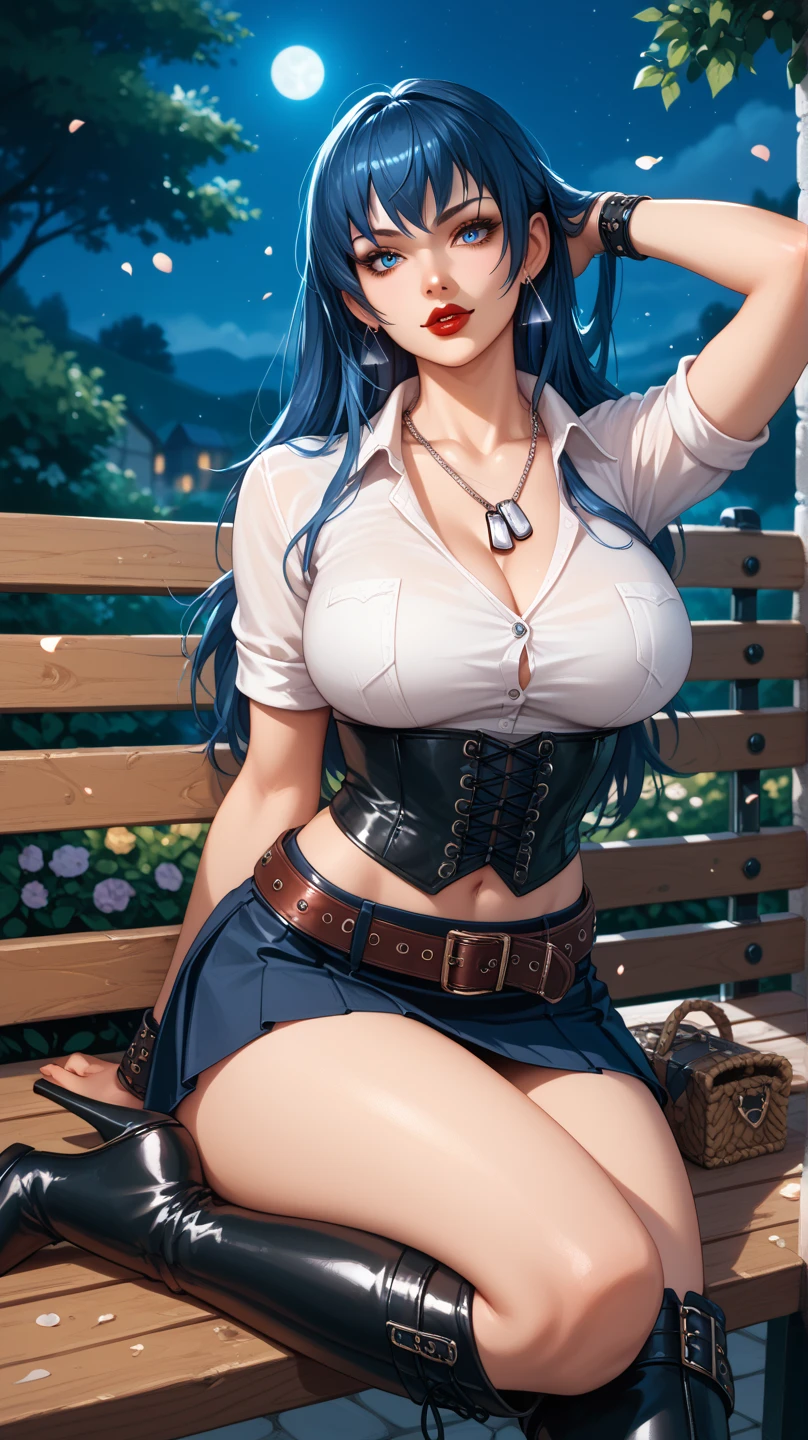 1girl, solo, trees, sun, clouds, autumn, colorful trees, falling leaves, ((blue hair)), short hair, large breasts, ((brown leather jacket)), button down shirt, ((blue checked shirt)), ((unbuttoned shirt)), unbuttoning buttons, ((full cleavage)), blue eyes, long skirt, brown boots, smile, happy, looking at the viewer, walking, upper view, hair ribbon, golden necklate