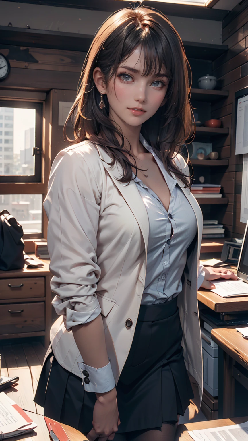 one girl, office lady, solo, shiny skin, pastel hair, curly hair, bangs, prefect face, blue eyes, blush, (huge breasts), cleavage, thin waist, edgpdress, stripe pencil dress, white blazer, necklace, looking at viewer, office, desk, plant, rim lighting, <lora:pytorch_lora_weights:0.5>, <lora:edgPencilDress_MINI:1>, <lora:more_details:0.3>, epiCPhoto