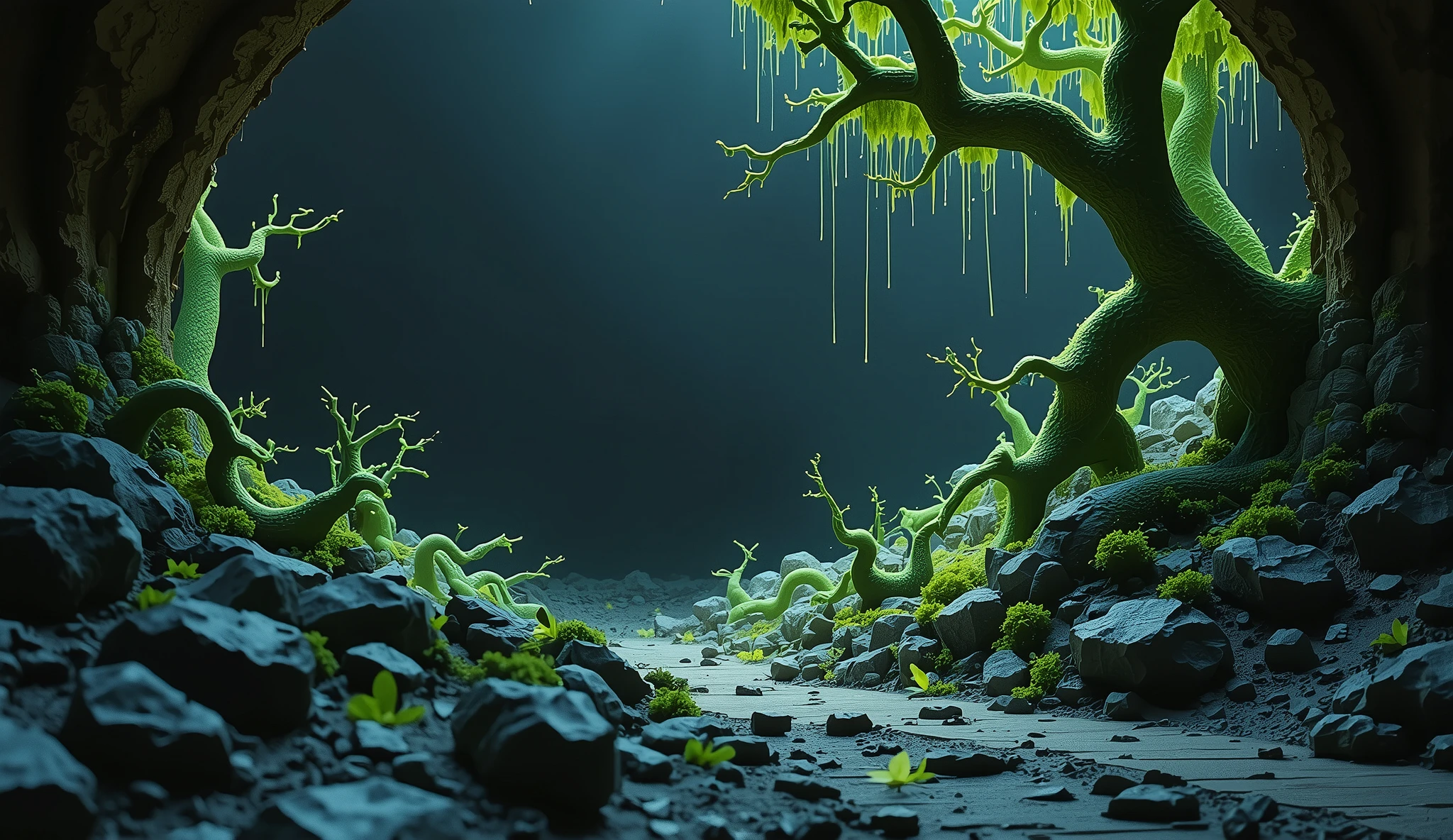 A dark, corroded background with glowing neon-green fungal veins, oozing toxic drips, and fractured glass-like textures. The composition feels alive yet dangerously unstable