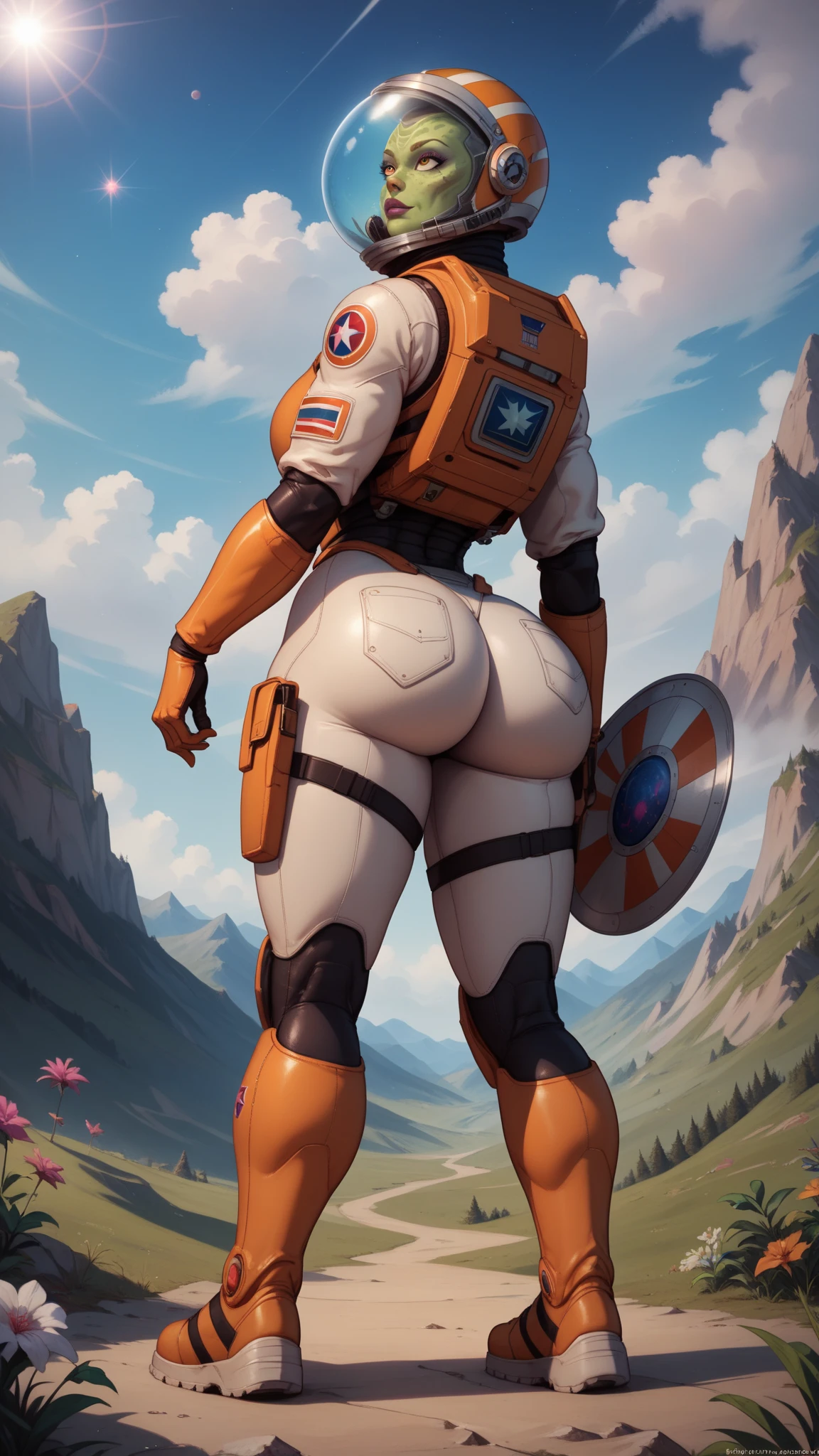 Rear angle, Very detailedRAWカラー写真, Rear angle, whole body, Beautiful mature woman、(Female Space Soldier, Wearing an orange and white space suit, Helmet, Pointed face shield, Rebreather, accentuated booty), Outdoor, (Looking up at advanced alien structures, On an alien planet), Toned body, Big Ass, (Science fiction), (Mountain々:1.1), (Lush vegetation), (Two moons in the sky:0.8), (Very detailed, Ultra-detailed, complicated), ((Daytime)), (Lens flare:0.7), (bloom:0.7), Particle Effects, Ray Tracing, Cinema Lighting, shallow depth の field, Shot on Sony α9 II, 50mm wide-angle lens, Sharp focus, 2013 Movies『Gravity』Still Photographs, From behind、Camel Toe、Giant tit、Nipple Puffs、Cleavage、Plump、Super big breasts、Super big butt、Bubble butt