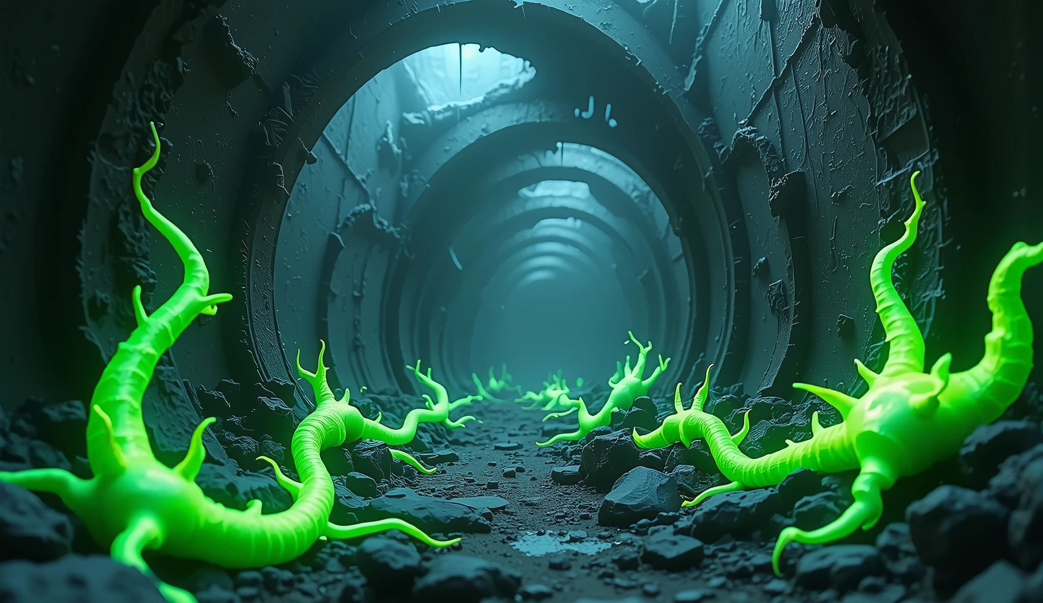 A dark, corroded background with glowing neon-green fungal veins, oozing toxic drips, and fractured glass-like textures. The composition feels alive yet dangerously unstable