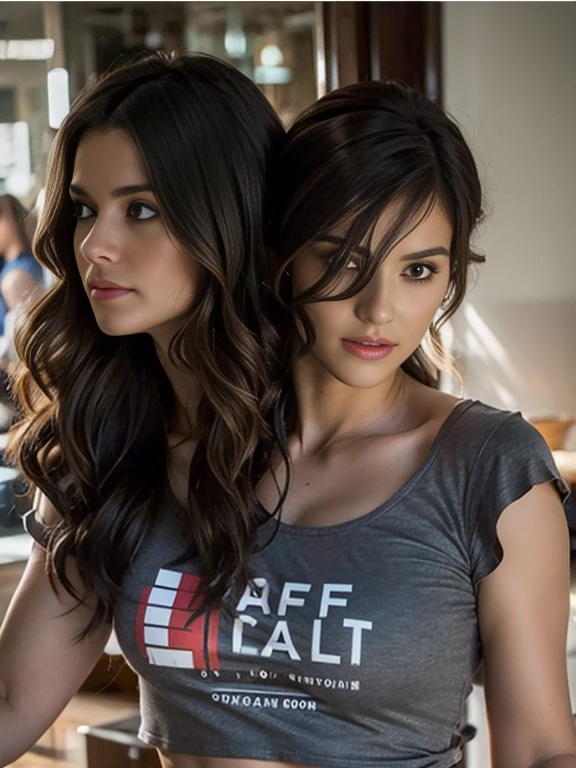 Best quality, masterpiece, Beautiful, 2 young latina women, looking straight at viewer, wearing simple open shirt, open black and red jacket on top, posing on grassfield, professionalism, teen age, detailed face, detailed body, symmetric face, big cute eyes, cute happy face, dynamic pose, deep cleavage, perfect anatomy, photorealistic, curvy body, braid hair, 8k, ultra realistic, widescreen desktop wallpaper, small farmhouse background, waterland, ambient occlusion