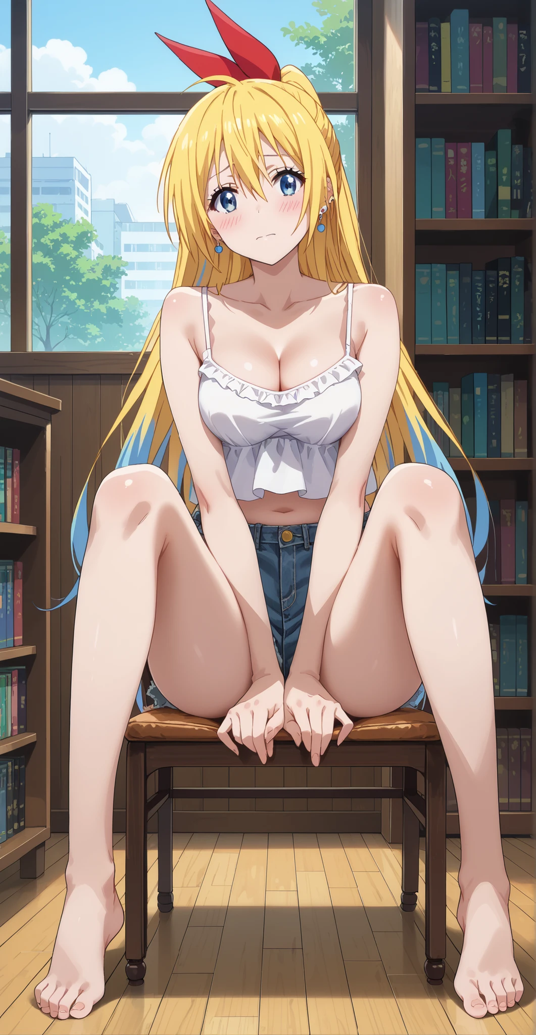 full body, Chitoge kirisaki , (long hair, yellow hair ), Blue eyes, earrings, ear piercing, multicolored hair, score_9, score_8_up, score_7_up, source_anime, masterpiece,best quality, medium breasts, shy, ((White Camisole, crop top overhang, transparent, cleavage)), laydown on floor, spread legs, ((backgroud : chair, window, library))