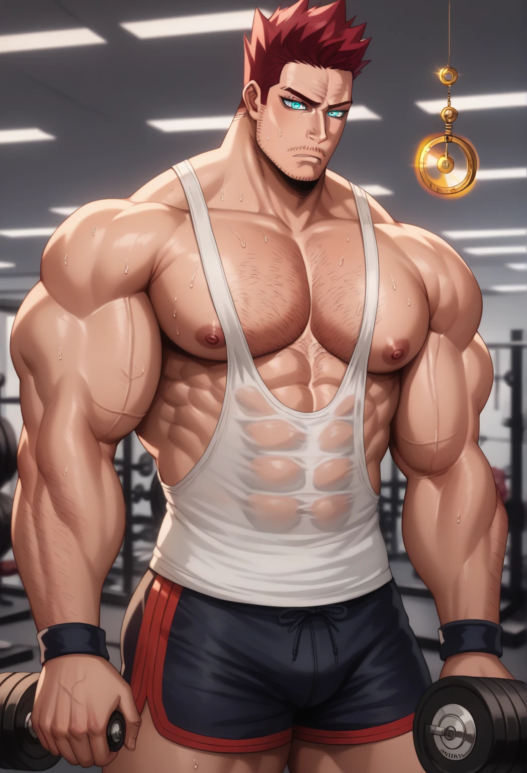 Endeavor alone in the gym, staring at golden pendulum, stringer tanktop, gym shorts, muscular, muscles, big biceps, broad shoulders, massive pecs, sweaty, hairy chest, glowing golden spiral in the eyes, blank expression, vacant stare, hypnotized, brainwashed, focused, High Resolution