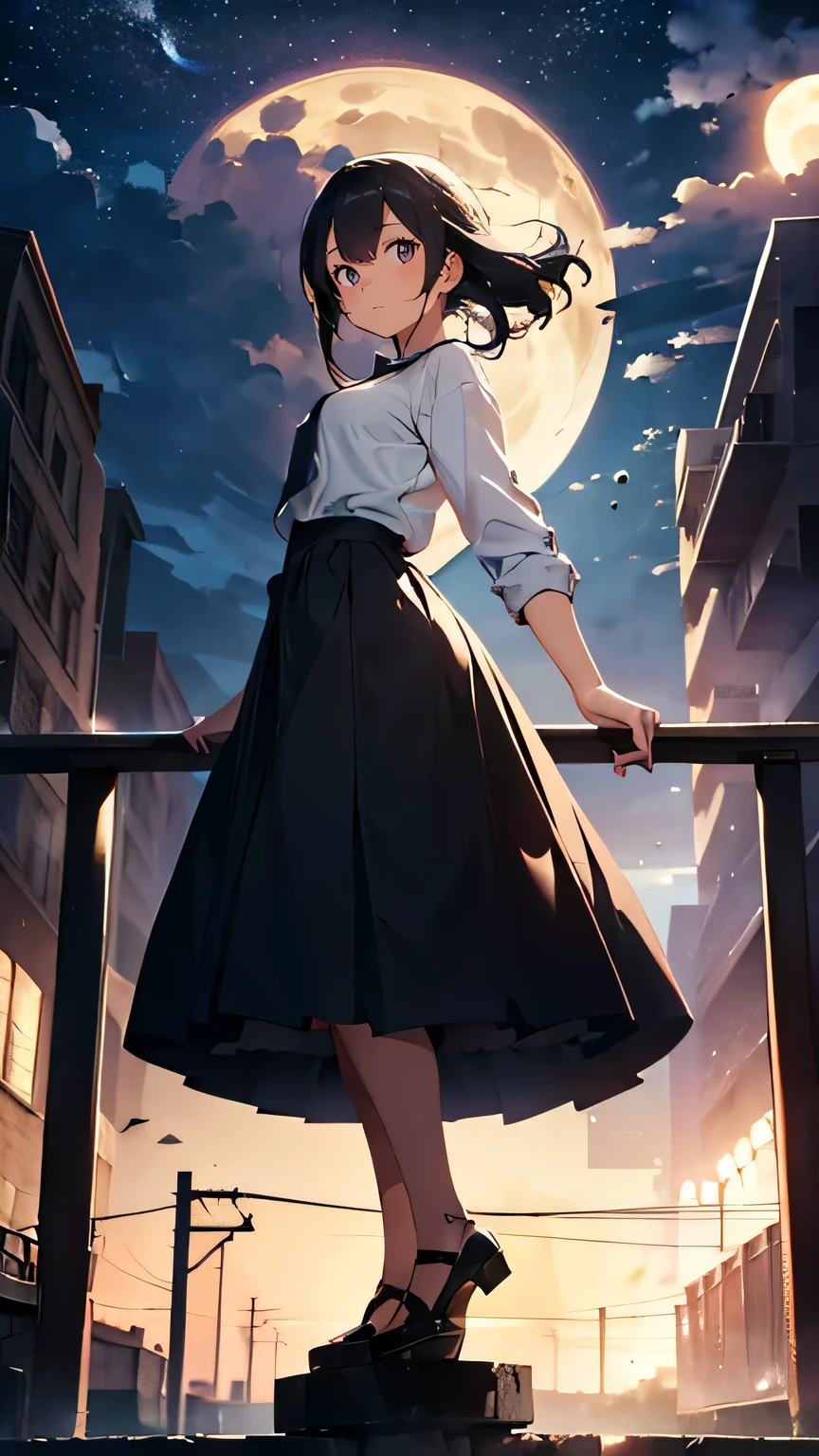 Full body view of a girl in a long skirt posing on a steel-framed tower with a huge full moon in the background