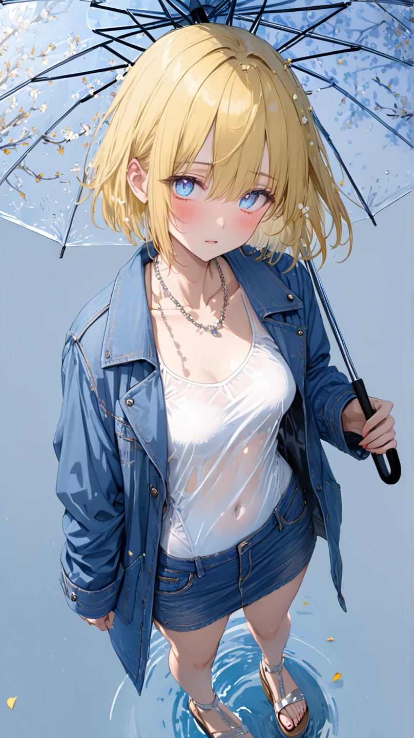 unaestheticXL_cbp62, 16K,((masterpiece:1.3)), (super detailed, RAW color photo:1.3), (best quality), Incredibly absurd high resolution, very aesthetic, Absurdity, (Anatomically accurate depiction:1.3), masterpiece digital art, BREAK Beautiful attention to detail, ((BREAK finely detailed eyes and detailed face:1.3)), 1woman, cute anime characters, (blue eyes:1.3), (bright pupils:1.4), , (blond color hair, crew cut:1.3), floating hair over, (wearing is white one-piece, blue light coat, impossible denim skirt, wedge Sole Sandals, simple silver neckless, showing collarbones:1.3), (To use a transparent vinyl umbrella, petals of the osmanthus are scattered on the transparent vinyl umbrella:1.3), full body portrait, profile shot, from above, standing, (shy, blush:1.2), background/(water, petals of osmanthus floating in the water, Walking over a water, Reflecting in a water/)