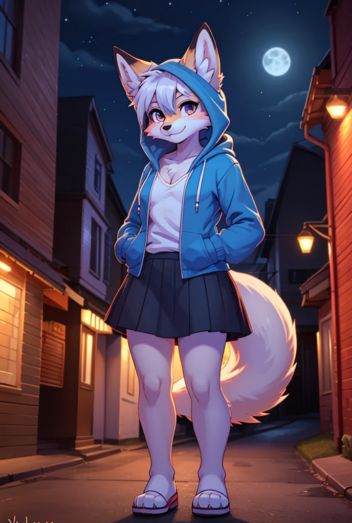 (Masterpiece) (High Detail) (High Res) A short humanoid girl with pale human skin and blue eyes and long blue hair and blue dog ears and a big fluffy dog tail is exploring an abandoned building at nighttime. She is dressed in a hoodie and is looking around at the ruined walls, overgrown vines and smashed windows.