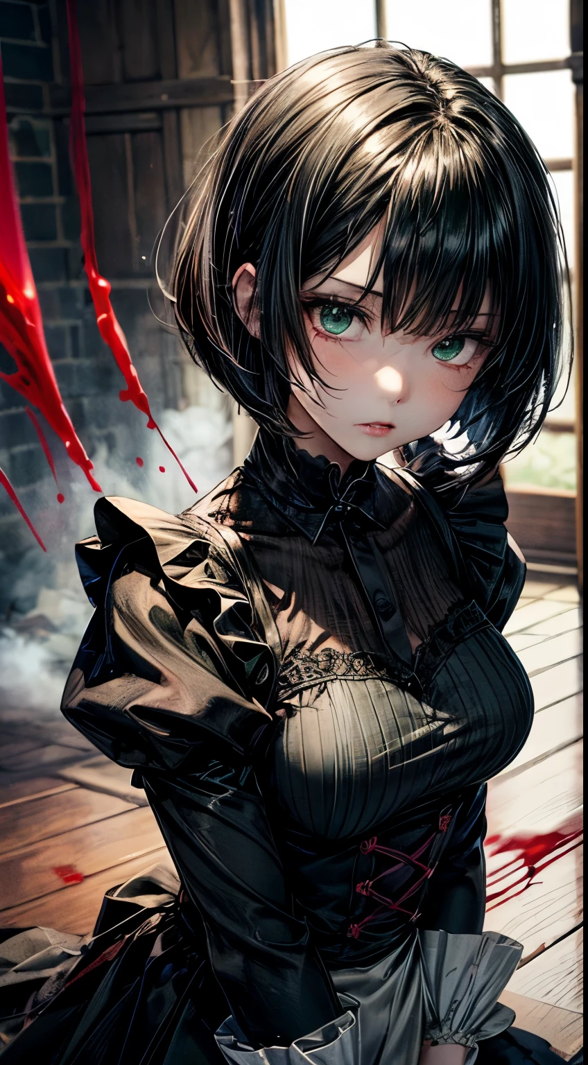 The knife is stuck in the neck of an anime girl with short black hair and blood
