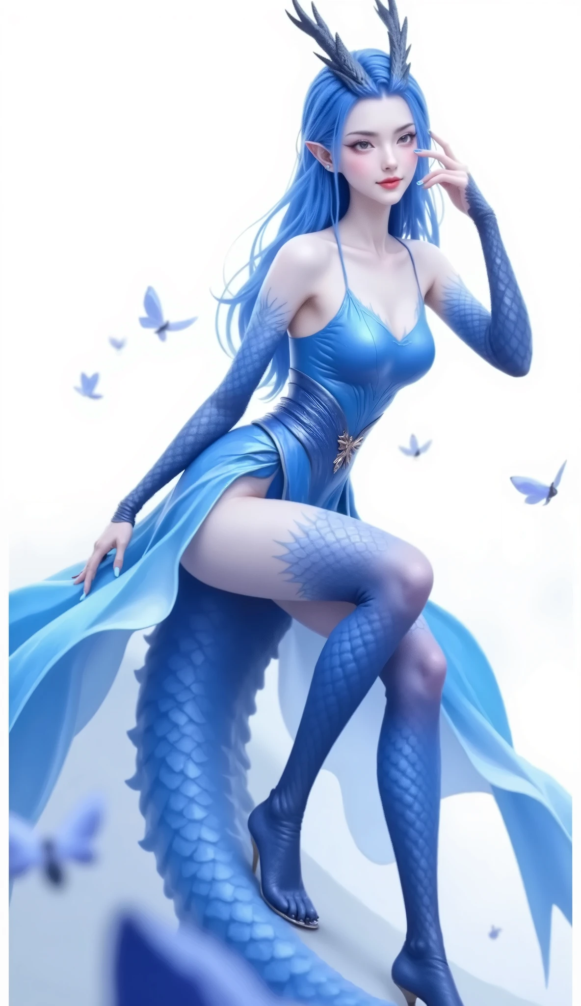 Dragon Girl,  unique ，  blue hair, 