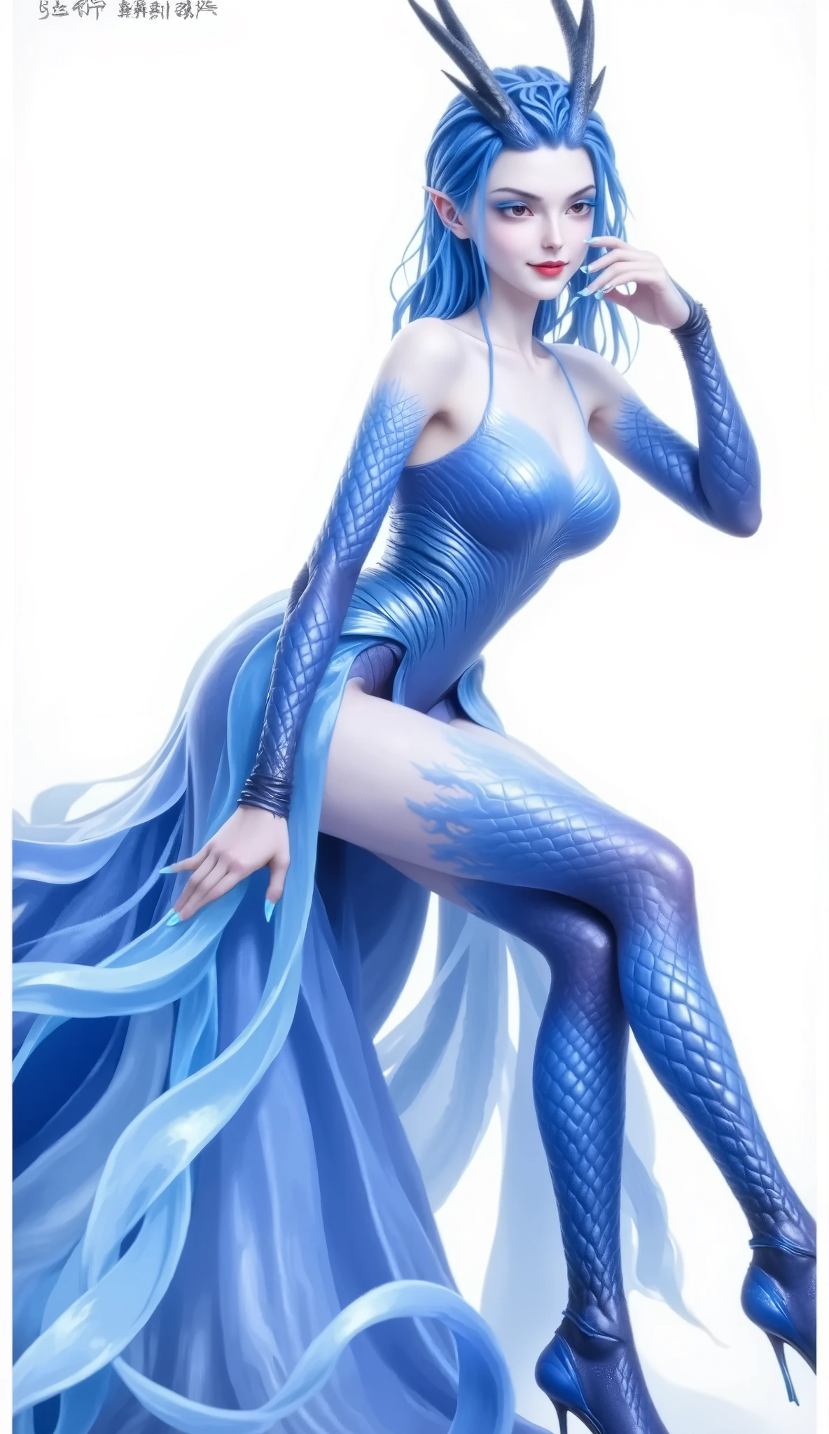((Highest quality、unity 8k wallpaper、32k、masterpiece、Very detailed、Ultra-high resolution、Ultra-high resolution、 Very detailedな顔, RAW Photos, Professional, Ultra-fine painting, Anatomically Correct Dragon Girl)) Yui Kotegawa transforms into a Blue Dragon, kotegawayui, Long Hair, Yellow Eyes, ((Reptile eye with sharp fangs,、(((Impressive lizard tail extending from tailbone))) 、(((Blue devil wings growing from his back)))、((Dragon legs with sharp claws、Covered in fine scales from the toes to the thighs、Covered in fine blue scales from fingertips to shoulders、Long fingernails))、Nipples are fully visible、(The boundary between the scales and the skin is unclear)、((A small fin that runs from the spine to the tail))、Back Focus