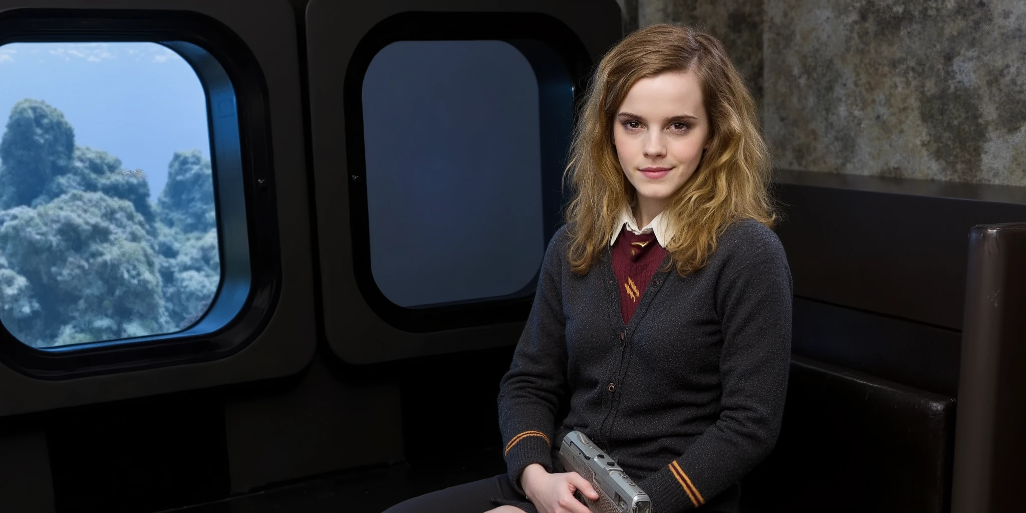 Emma Watson is holding a space shotgun inside a submarine, she is sitting, the submarine has a window with a view of the coral reef. Portrait shot of her looking at the camera and smiling. She is wearing a harry potter uniform