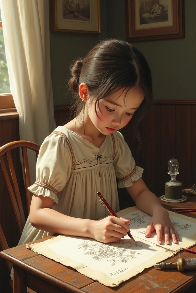 A despondent girl with oversized expressive eyes is depicted sitting at a table and chair in intricate detail. The image, rendered in Ultra High Definition at 8k resolution, is bathed in natural lighting that highlights every minute feature of the scene. Catch lights in the girl's eyes add a touch of realism and depth to the composition. The Silverpoint artwork captures the girl's melancholy expression perfectly, with each delicate stroke enhancing the overall emotion. The level of detail and quality in this image transports viewers into the poignant world of the young girl's solitude and introspection.